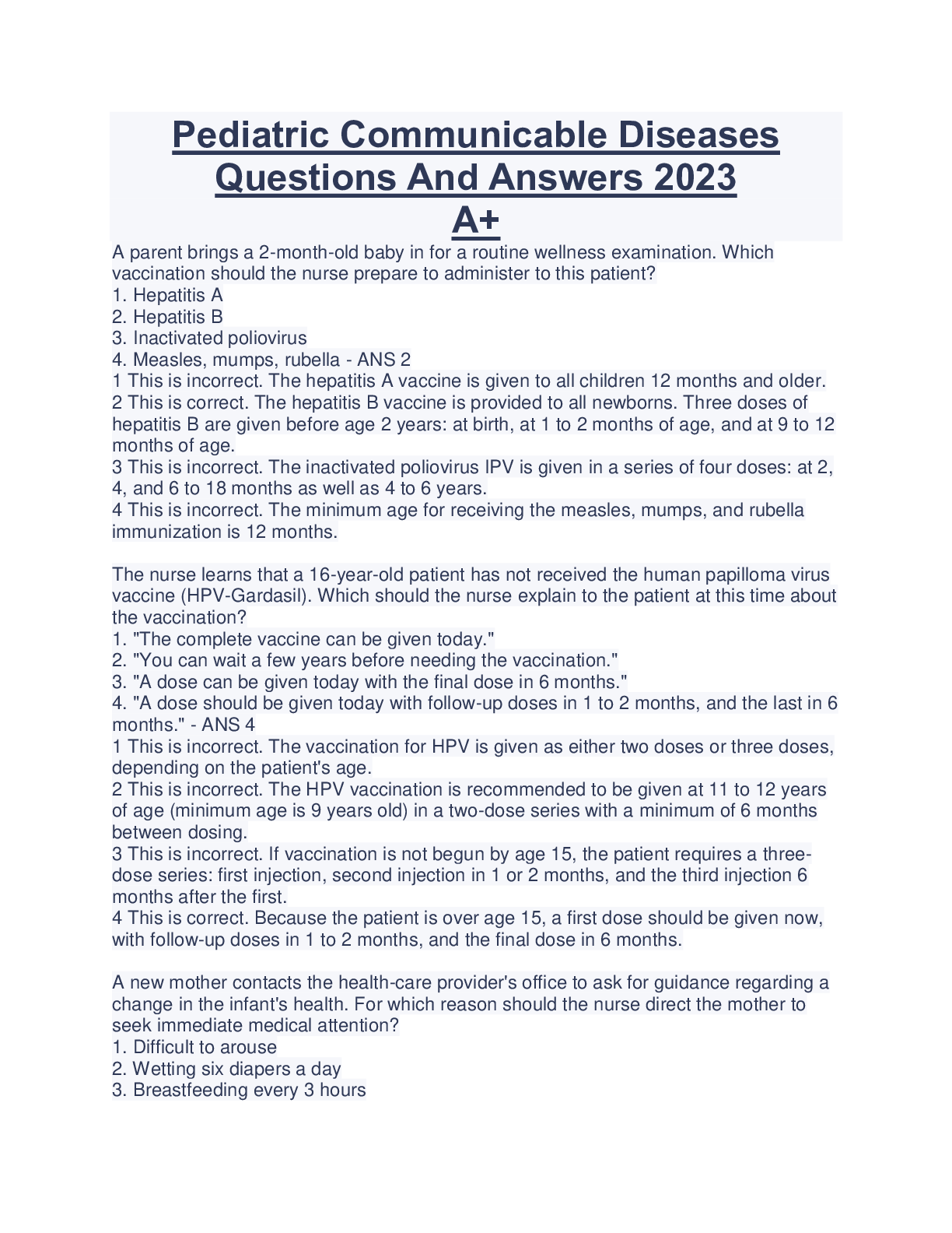 Preview image for Pediatric Communicable Diseases Questions And Answers 2023  A+