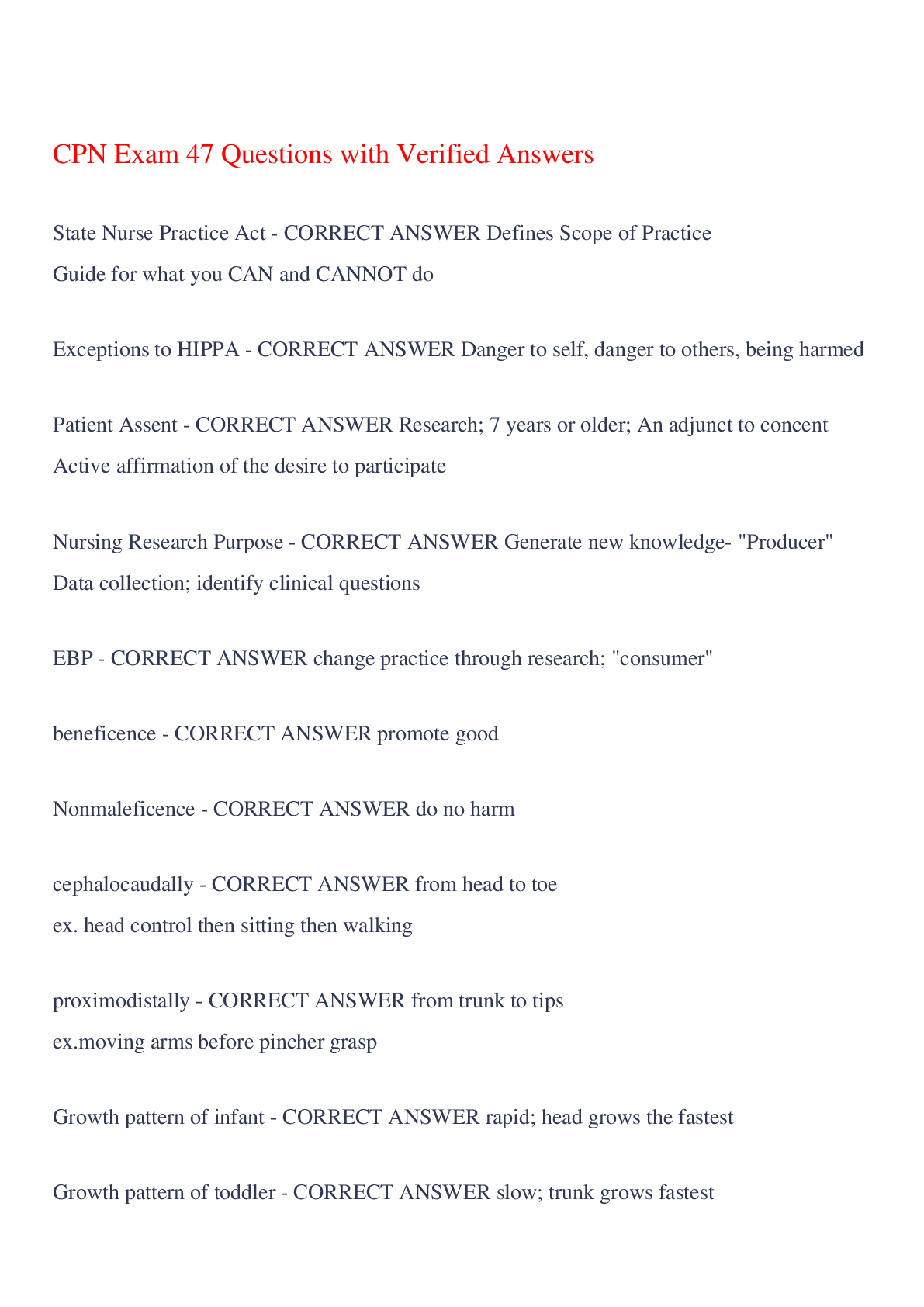 Preview of CPN Exam 47 Questions with Verified Answers,100% CORRECT
