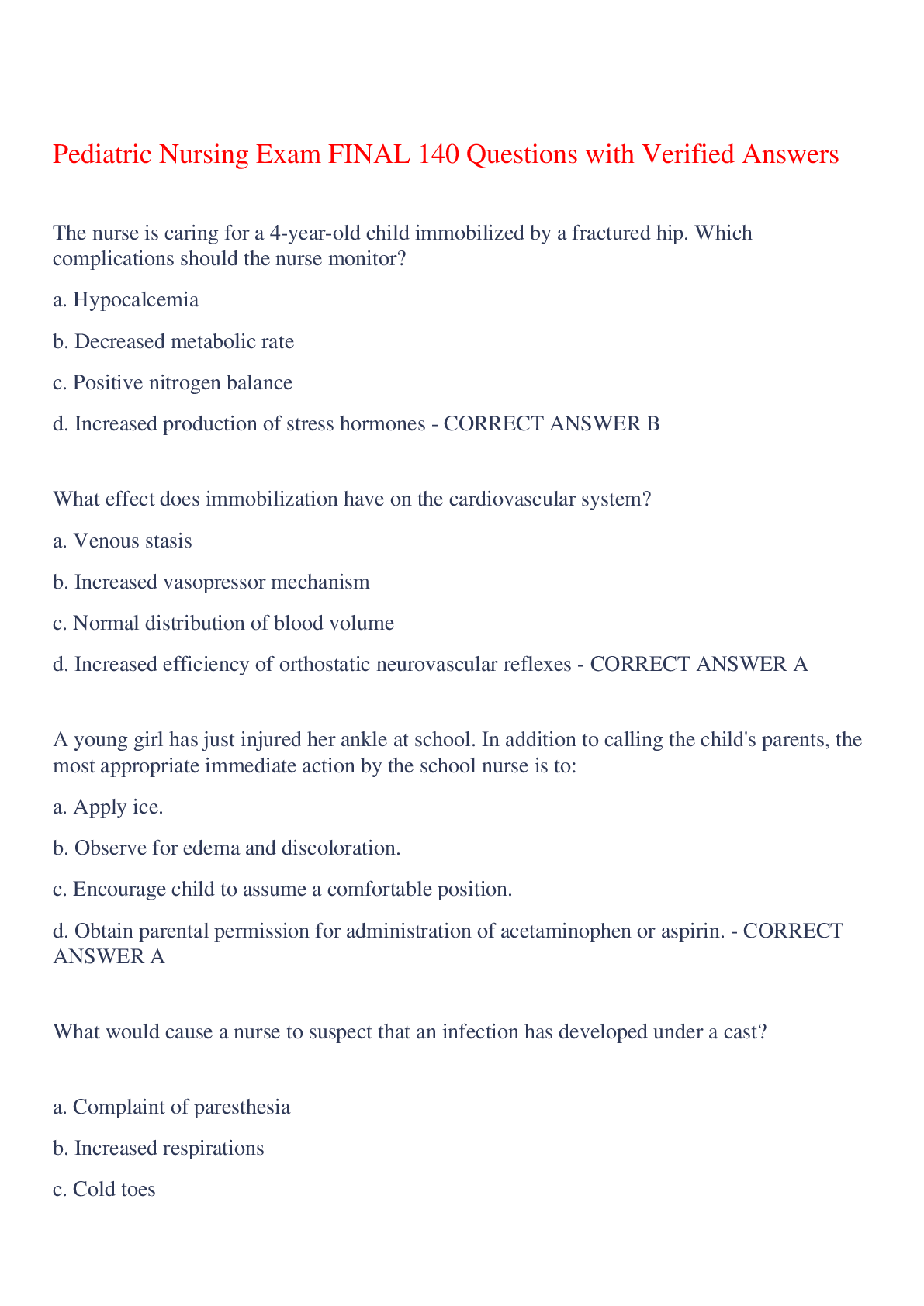 Preview image for Pediatric Nursing Exam FINAL 140 Questions with Verified Answers,100% CORRECT