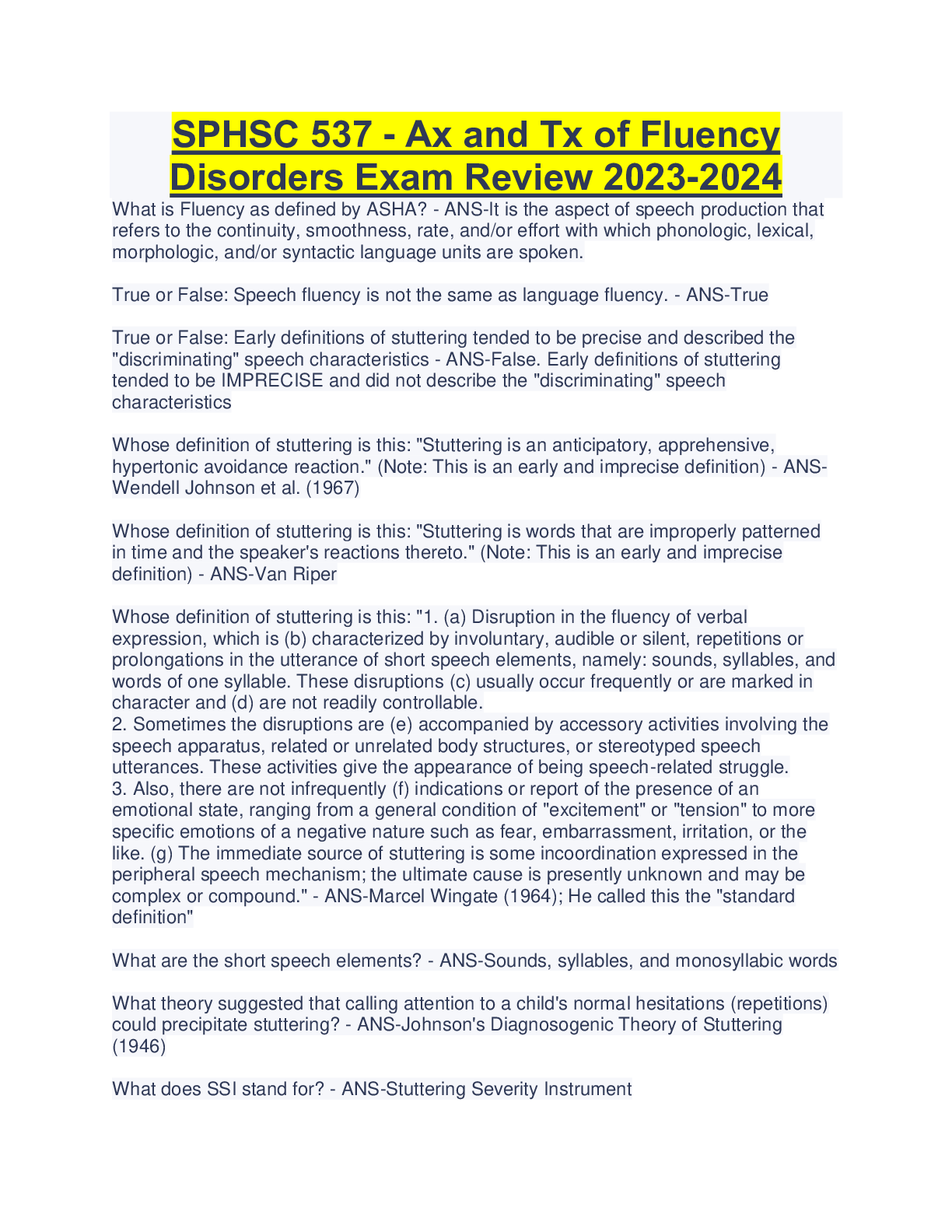 Preview image for SPHSC 537 - Ax and Tx of Fluency  Disorders Exam Review 2023-2024