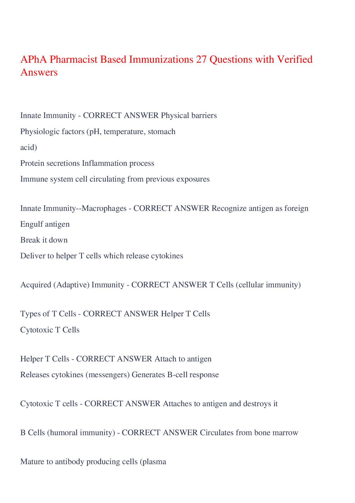 Preview of APhA Pharmacist Based Immunizations 27 Questions with Verified Answers,100% CORRECT