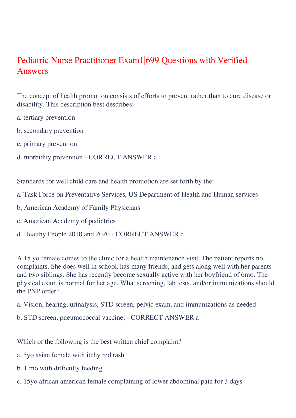 Pediatric Nurse Practitioner Exam 1|699 Questions with Verified Answers,100% CORRECT