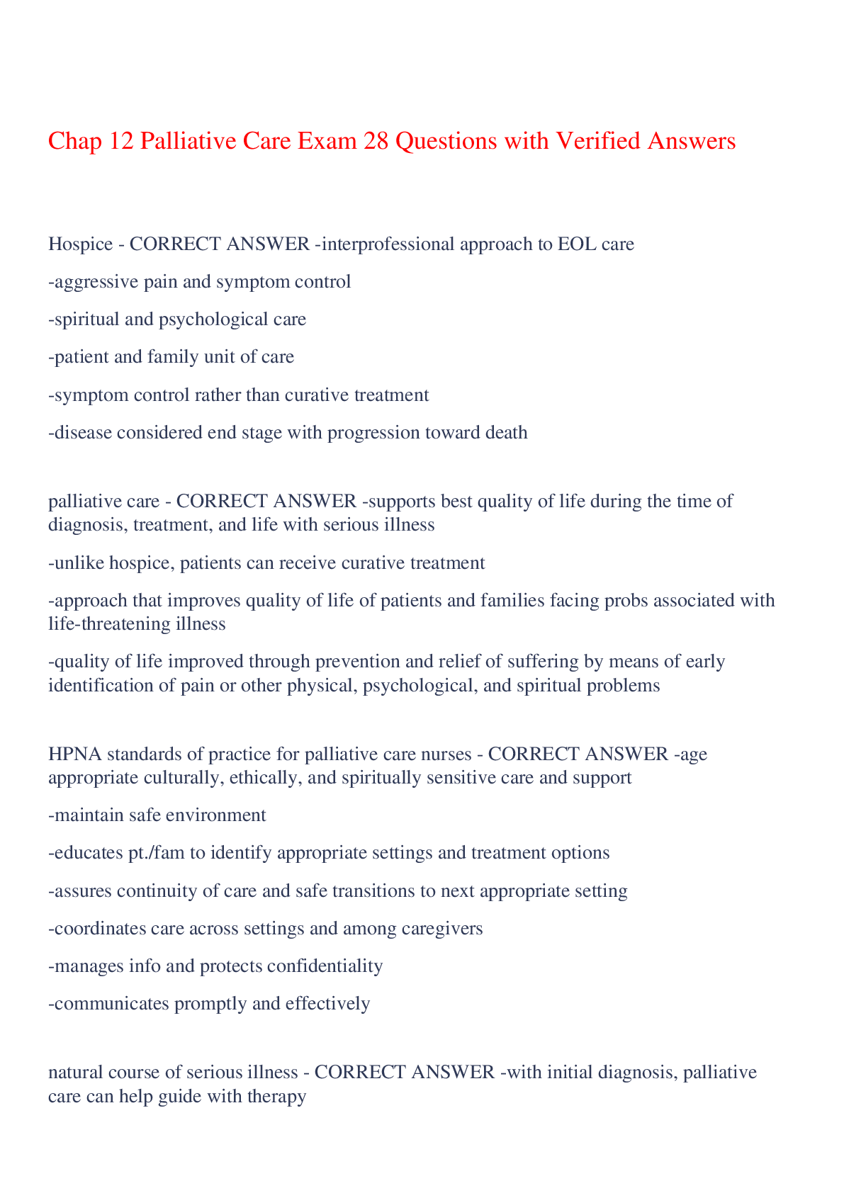 Preview of Chap 12 Palliative Care Exam 28 Questions with Verified Answers ,100% CORRECT