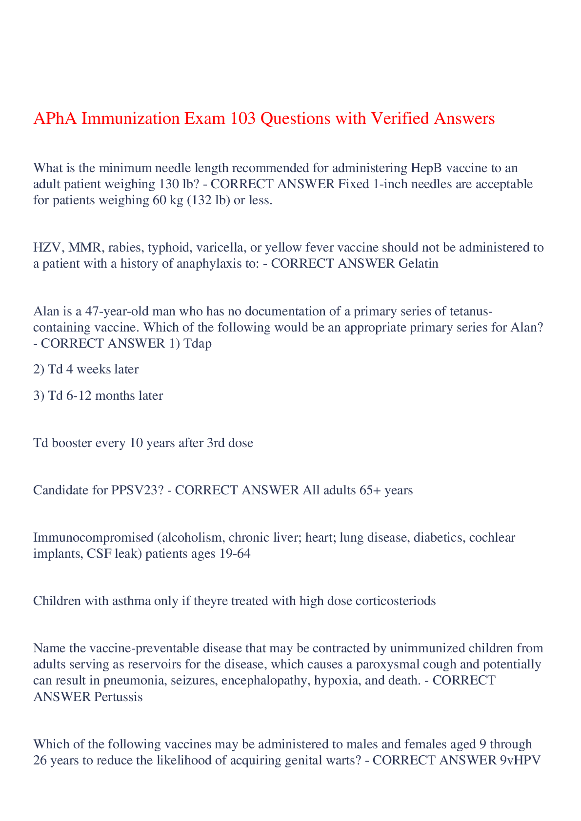 Preview of APhA Immunization Exam 103 Questions with Verified Answers,100% CORRECT