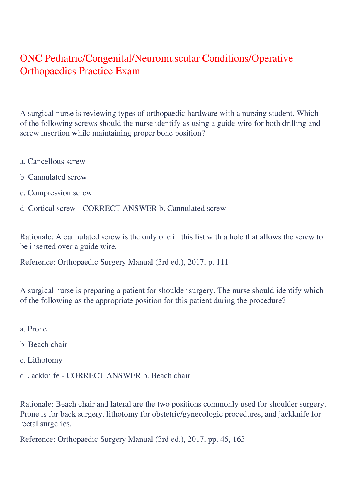 Preview image for ONC Pediatric/Congenital/Neuromuscular Conditions/Operative Orthopaedics Practice Exam,100% CORRECT