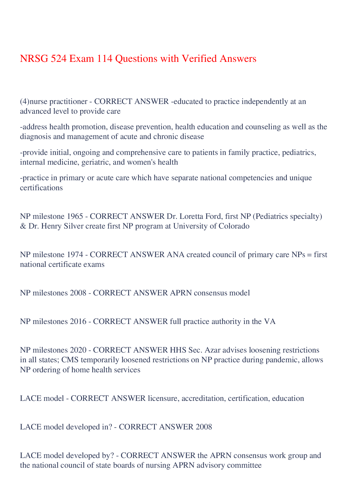 NRSG 524 Exam 114 Questions with Verified Answers,100% CORRECT