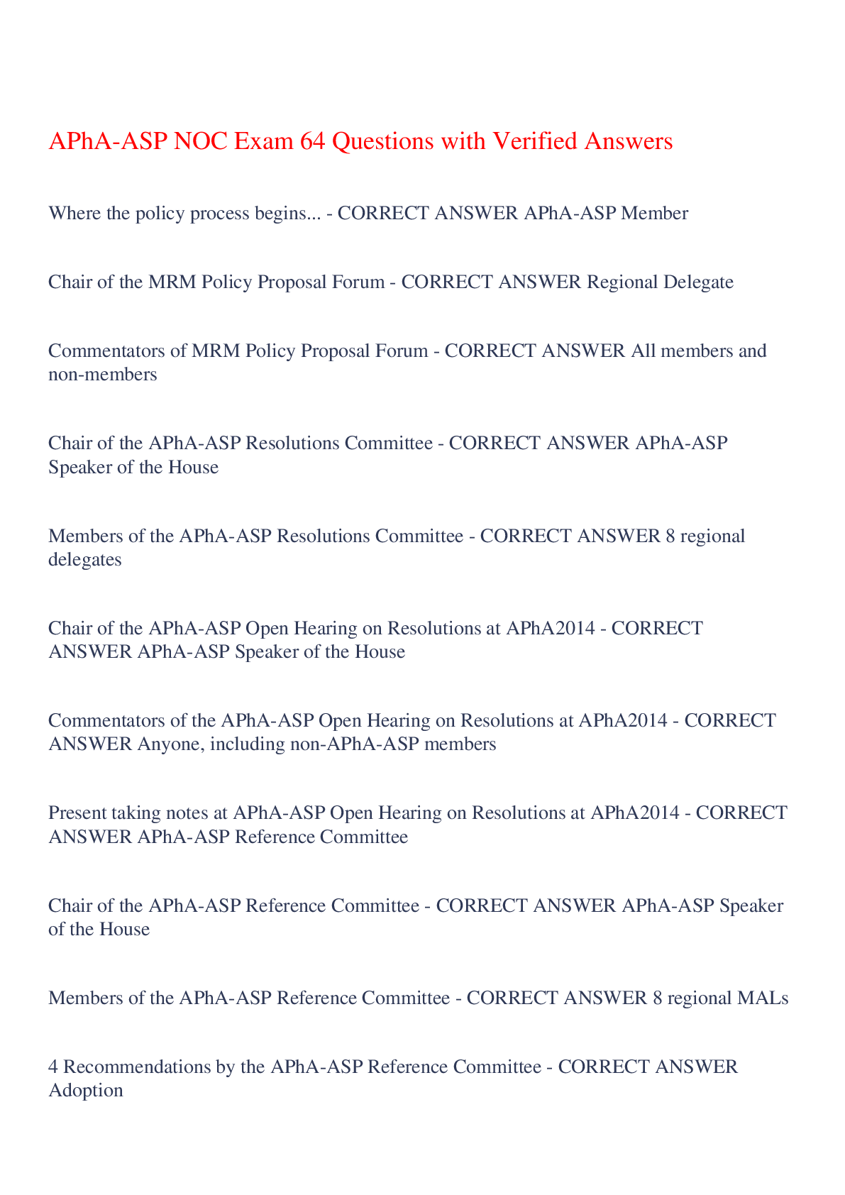 Preview of APhA-ASP NOC Exam 64 Questions with Verified Answers,100% CORRECT