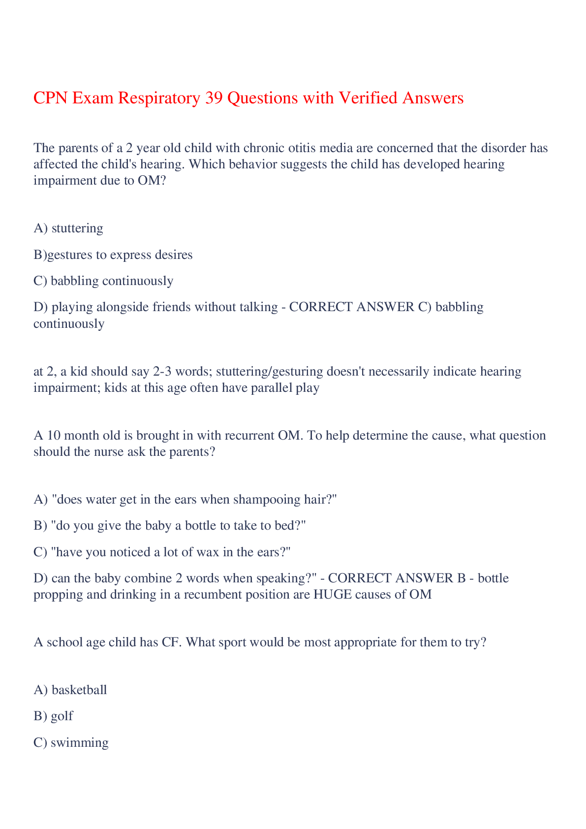 Preview image for CPN Exam Respiratory 39 Questions with Verified Answers,100% CORRECT