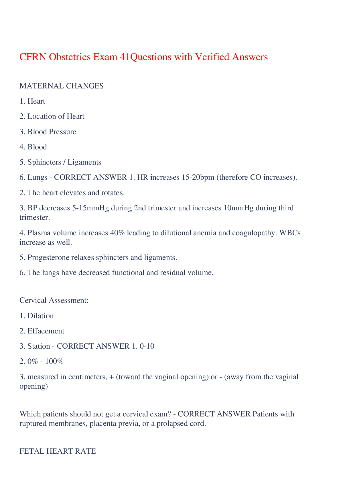 Preview of CFRN Obstetrics Exam 41Questions with Verified Answers,100% CORRECT