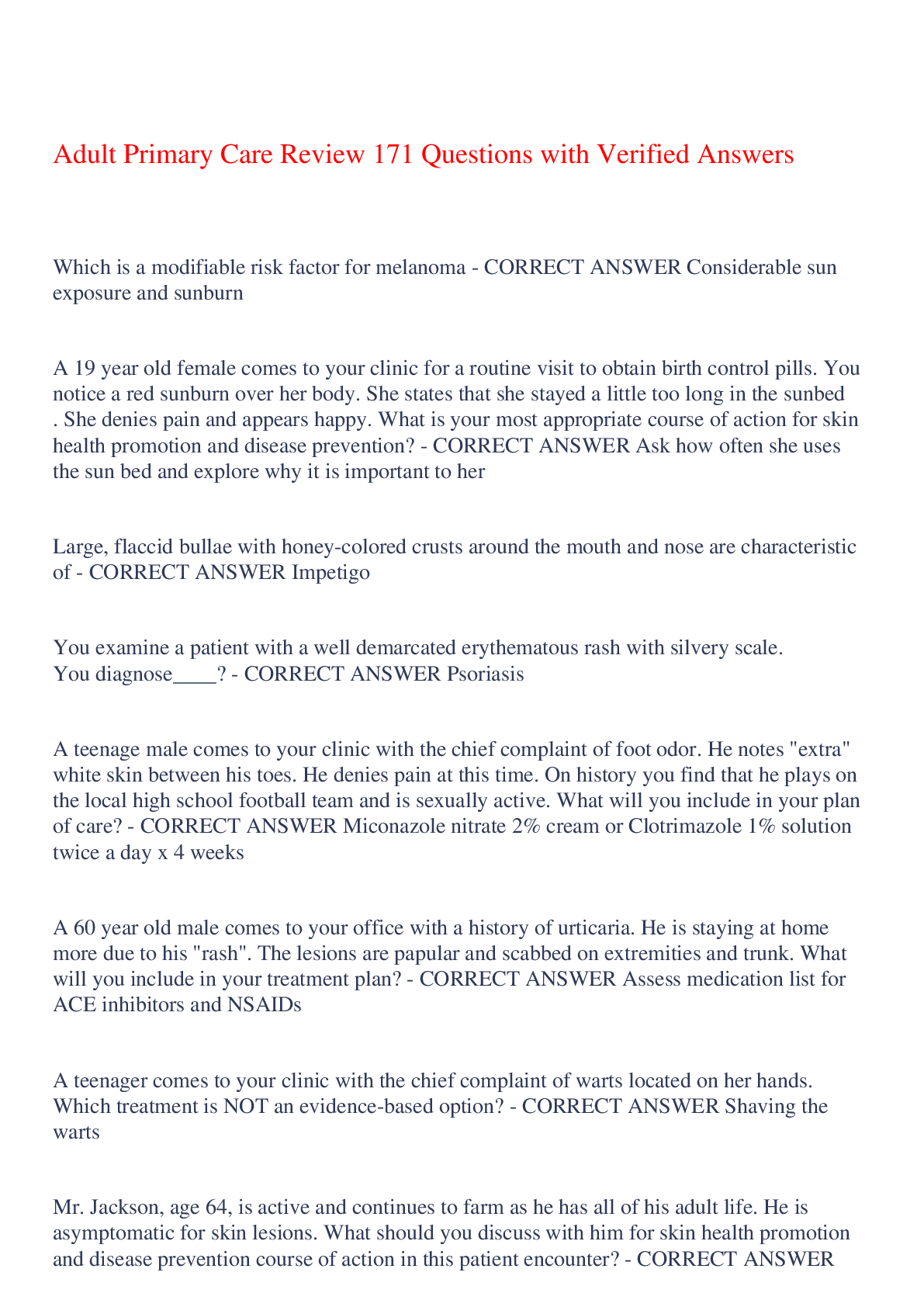 Preview of Adult Primary Care Review 171 Questions with Verified Answers,100% CORRECT