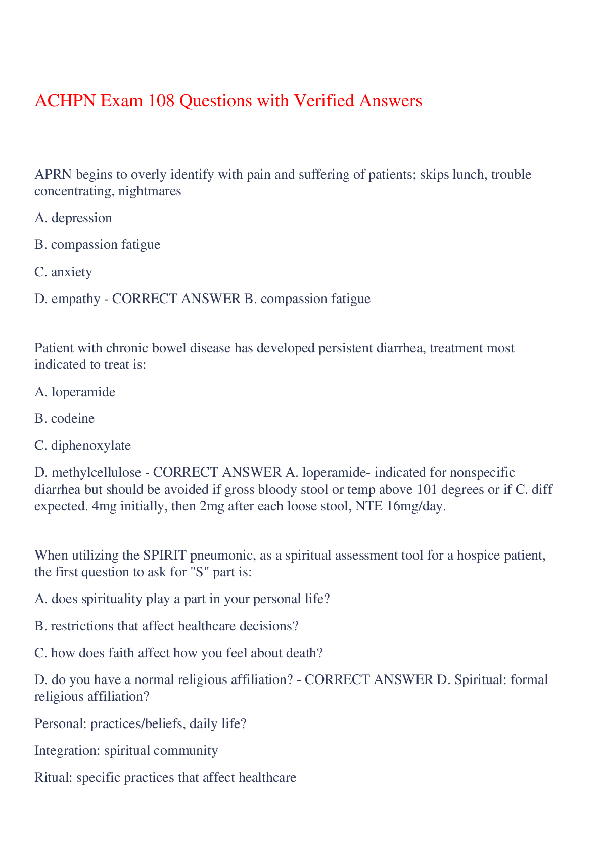 Preview of ACHPN Exam 108 Questions with Verified Answers,100% CORRECT