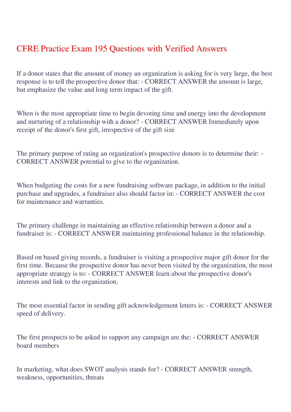 Preview of CFRE Practice Exam 195 Questions with Verified Answers,100% CORRECT