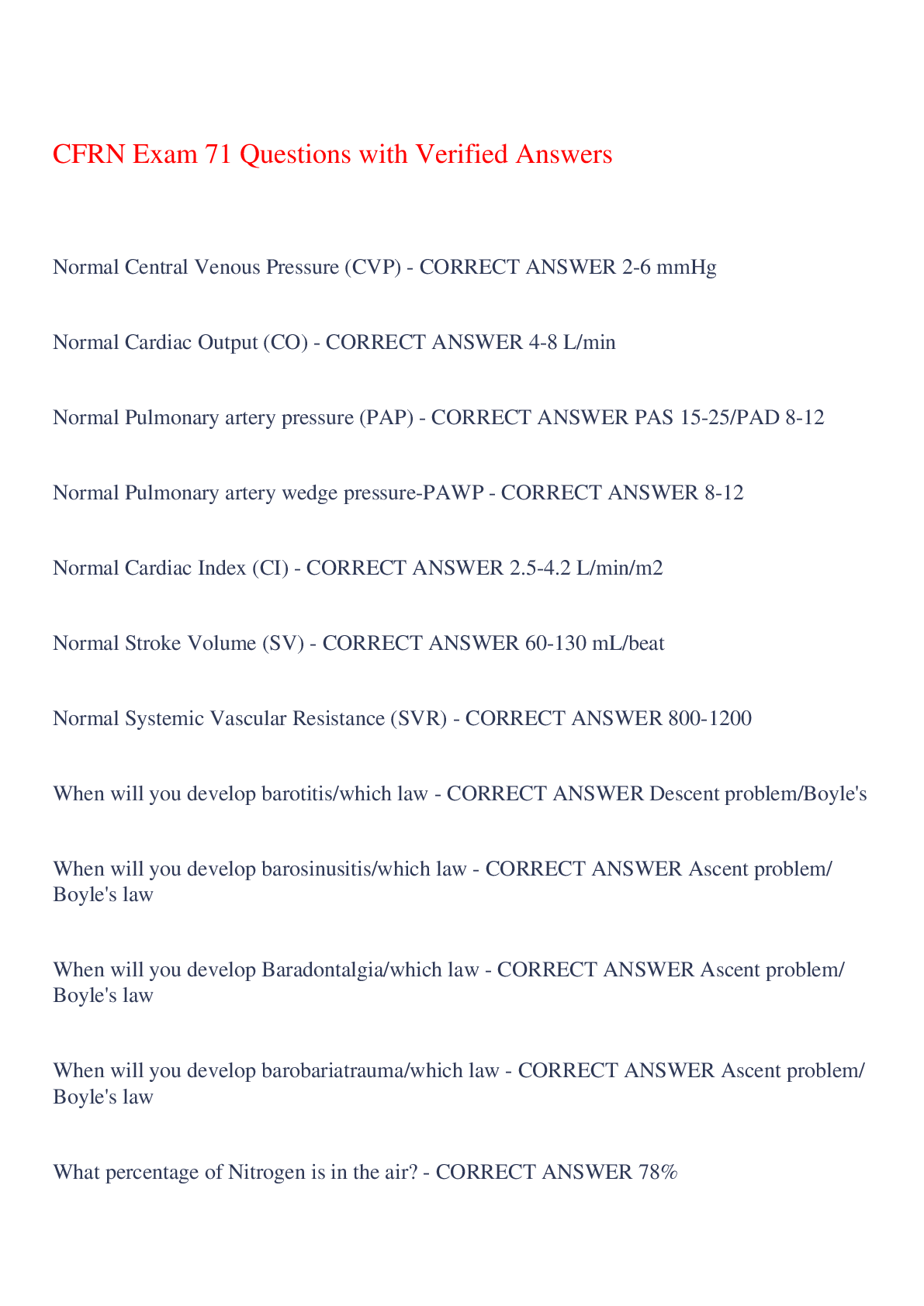 Preview of CFRN Exam 71 Questions with Verified Answers,100% CORRECT