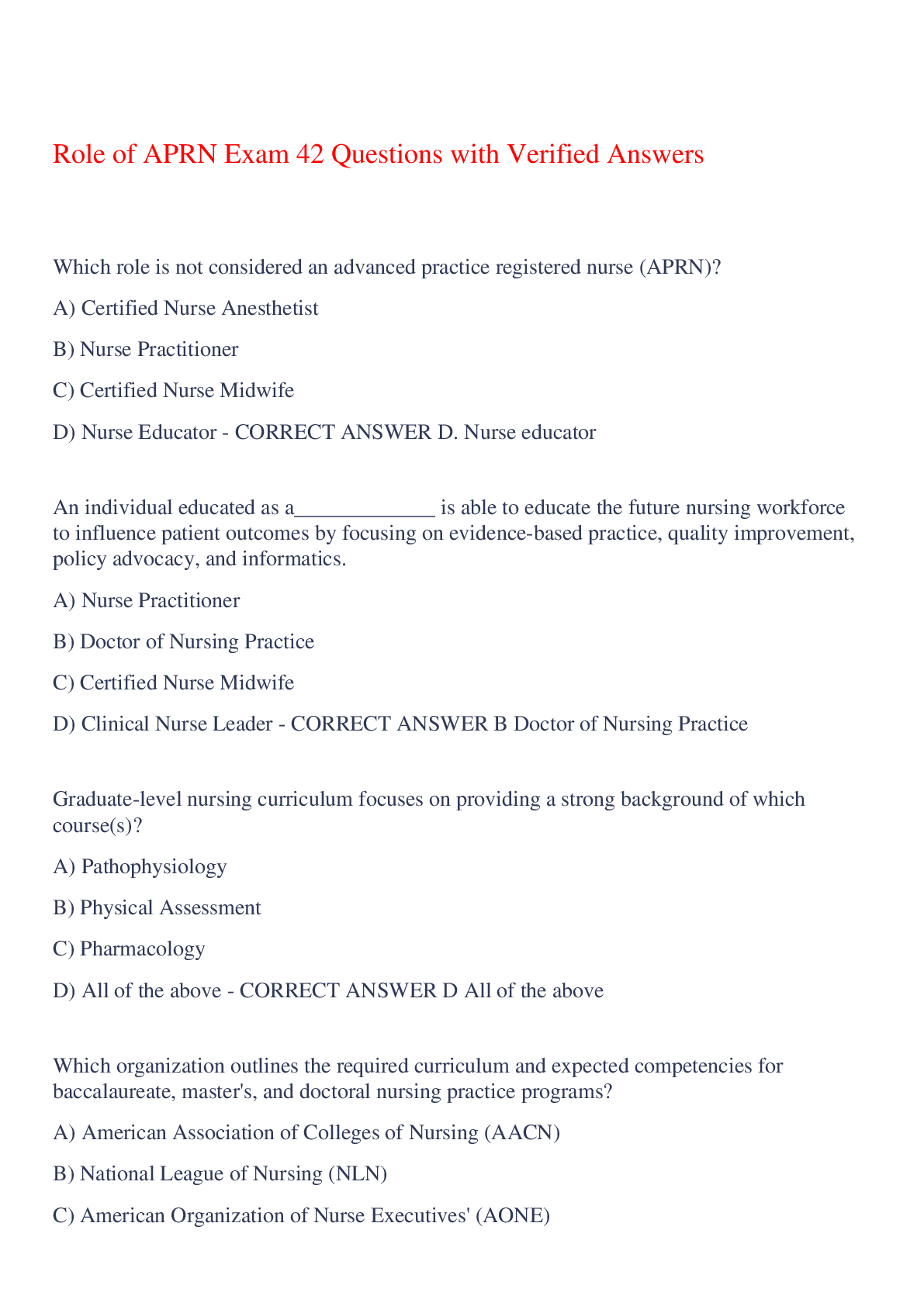 Preview of Role of APRN Exam 42 Questions with Verified Answers,100% CORRECT