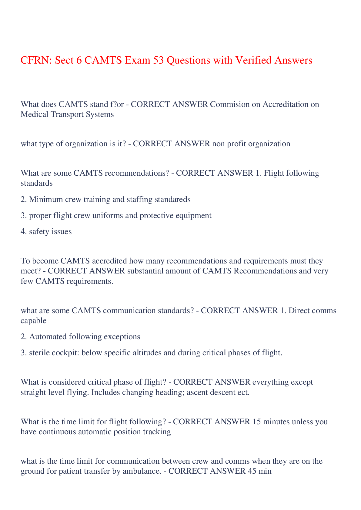 Preview of CFRN: Sect 6 CAMTS Exam 53 Questions with Verified Answers,100% CORRECT