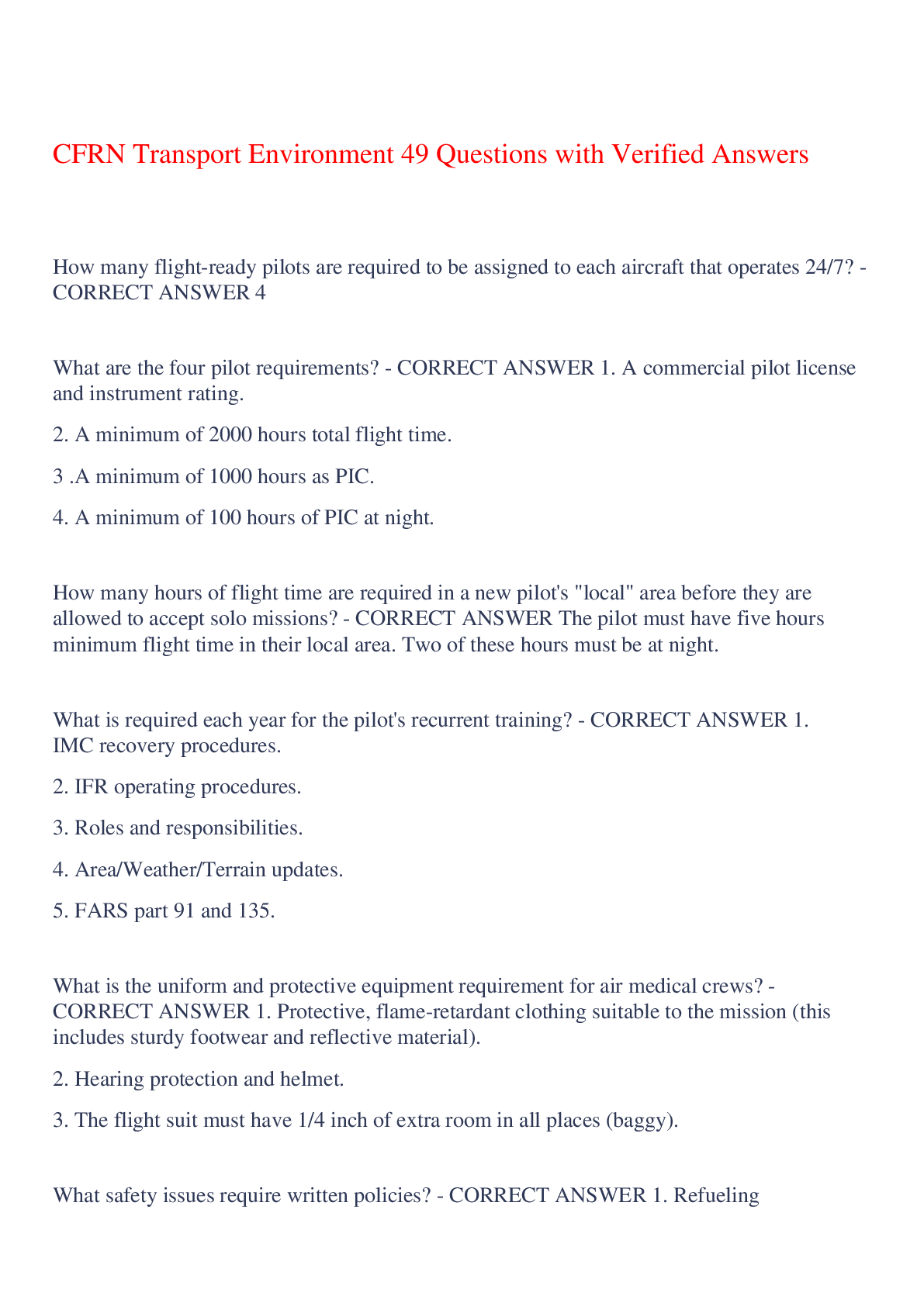 Preview of CFRN Transport Environment 49 Questions with Verified Answers,100% CORRECT