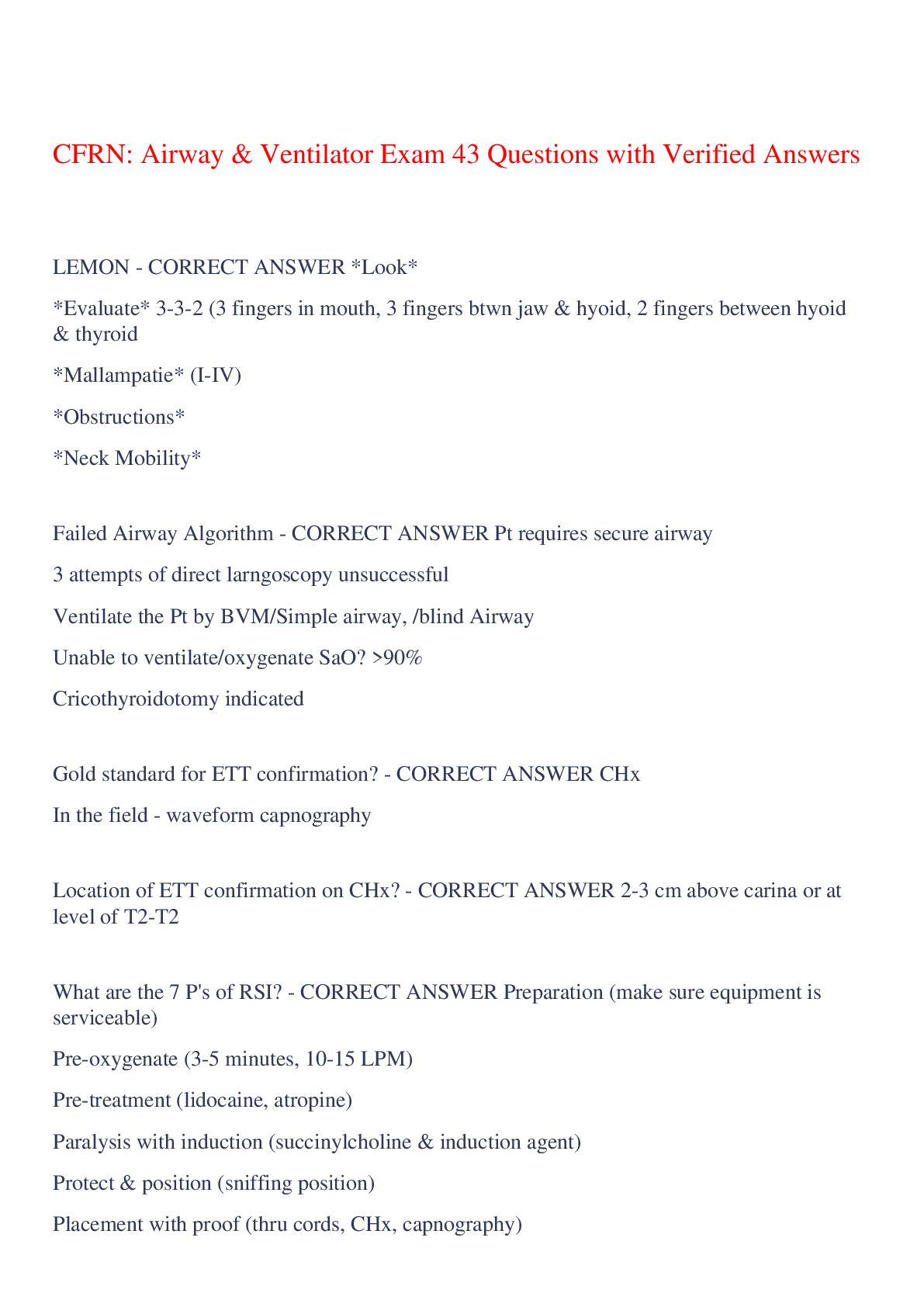 Preview of CFRN: Airway & Ventilator Exam 43 Questions with Verified Answers,100% CORRECT