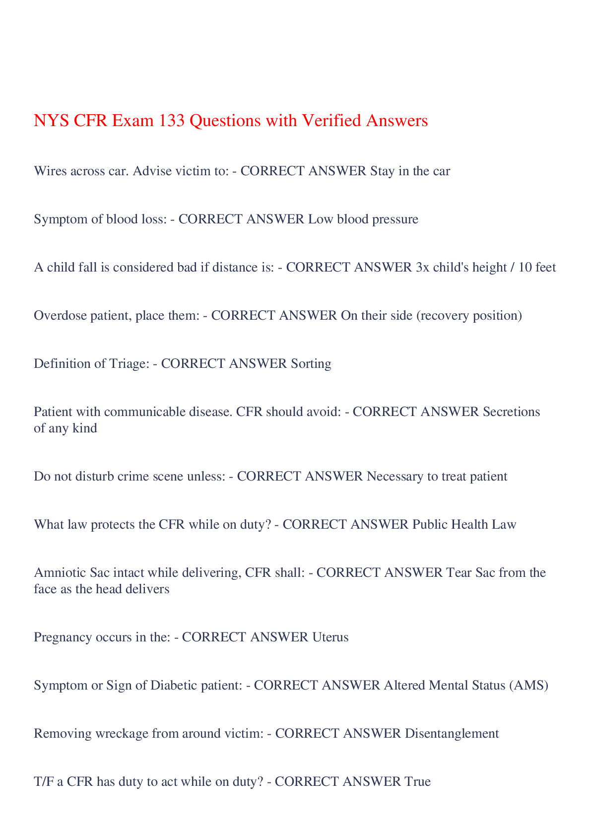 Preview of NYS CFR Exam 133 Questions with Verified Answers,100% CORRECT