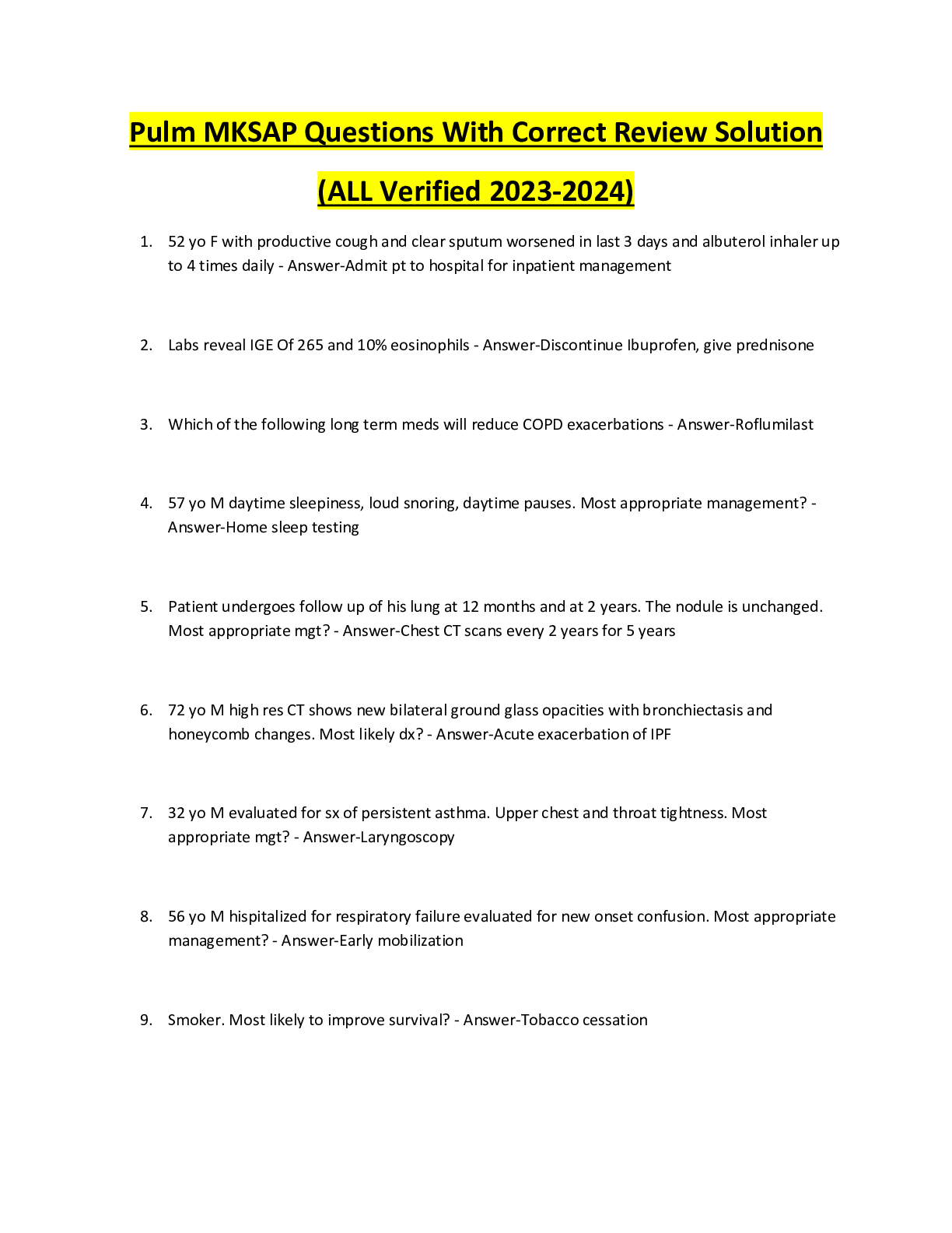 Preview image for Pulm MKSAP Questions With Correct Review Solution  (ALL Verified 2023-2024)