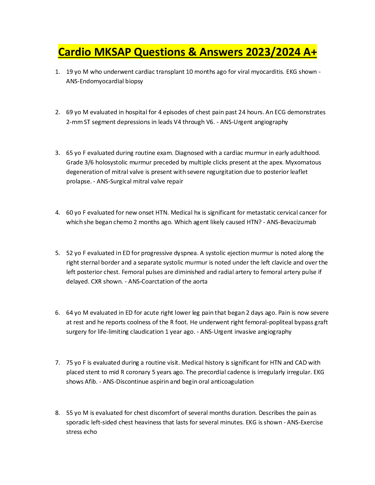 Preview image for Cardio MKSAP Questions & Answers 2023/2024 A+