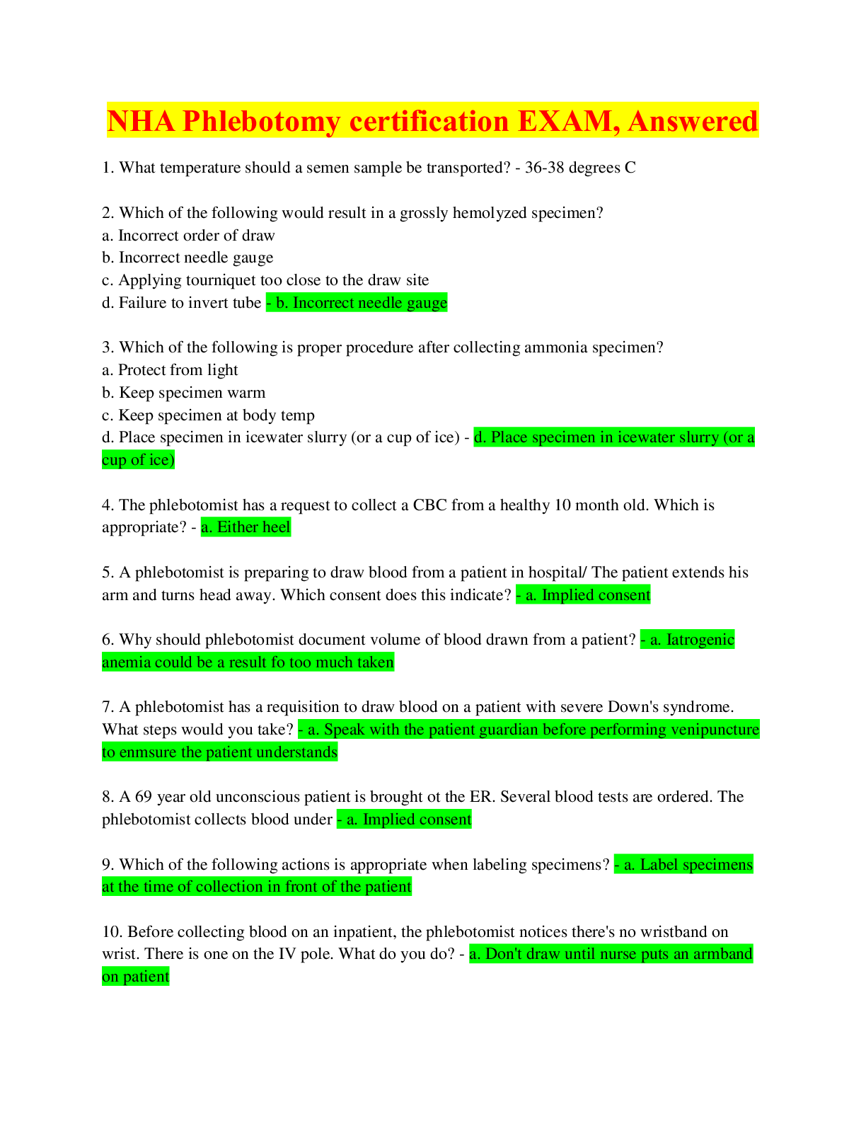 Recommended document preview for NHA Phlebotomy certification EXAM, Answered
