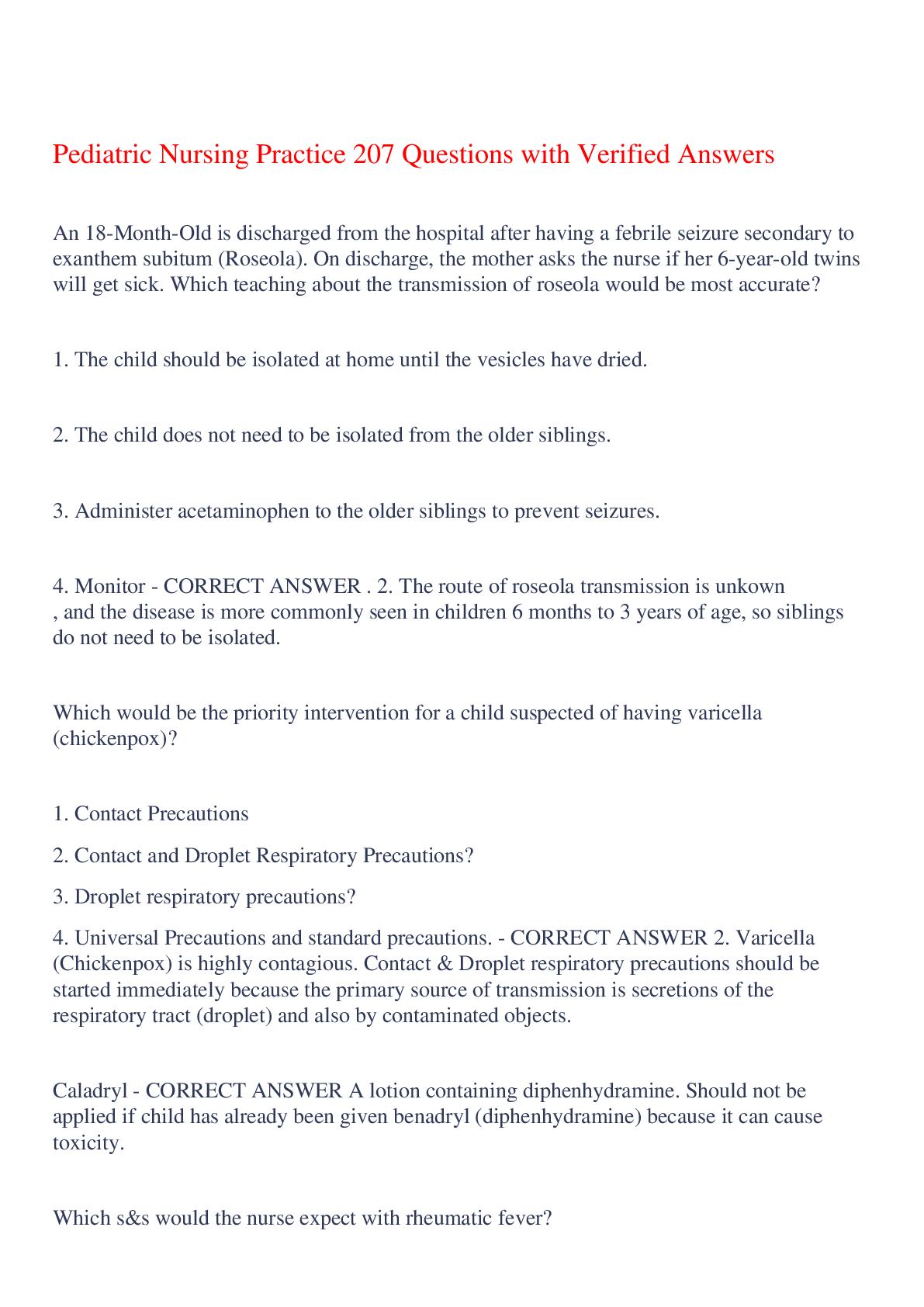 Preview of Pediatric Nursing Practice 207 Questions with Verified Answers,100% CORRECT