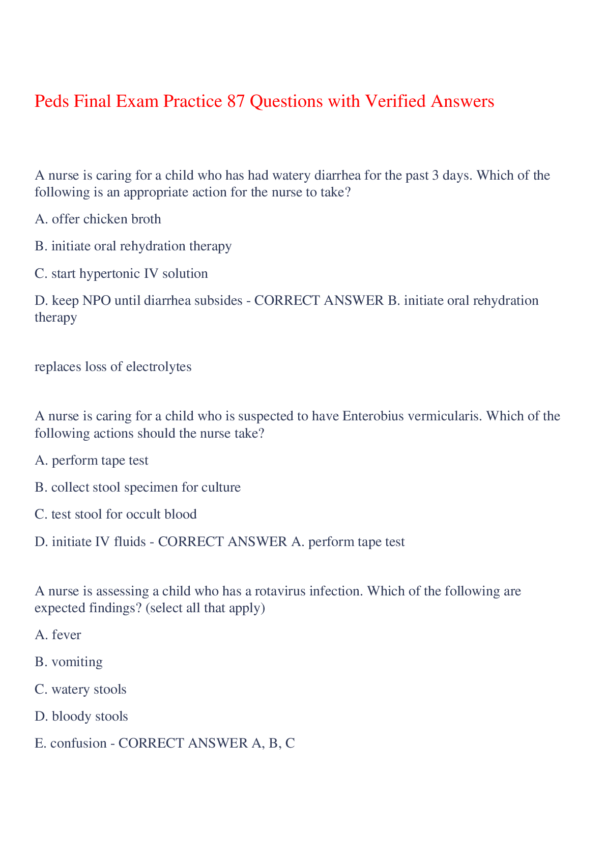 Preview of Peds Final Exam Practice 87 Questions with Verified Answers,100% CORRECT