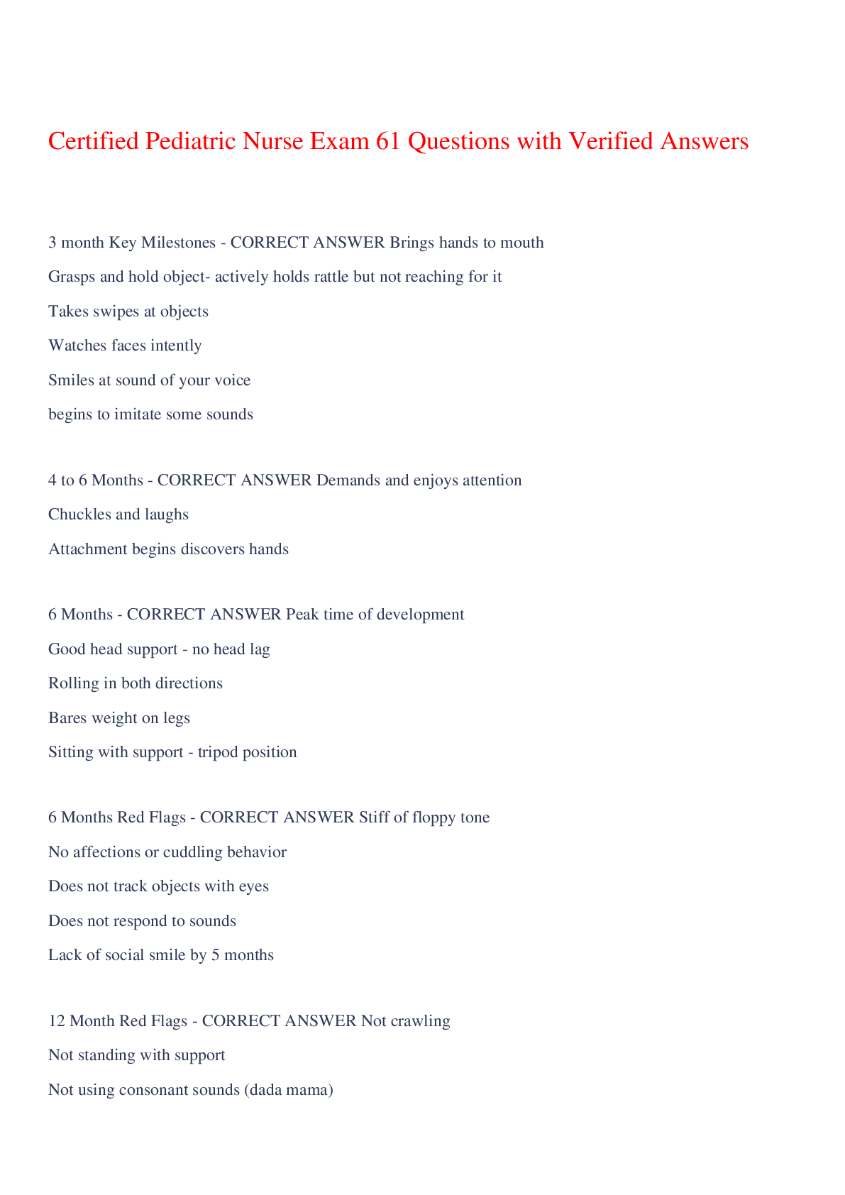 Preview of Certified Pediatric Nurse Exam 61 Questions with Verified Answers,100% CORRECT
