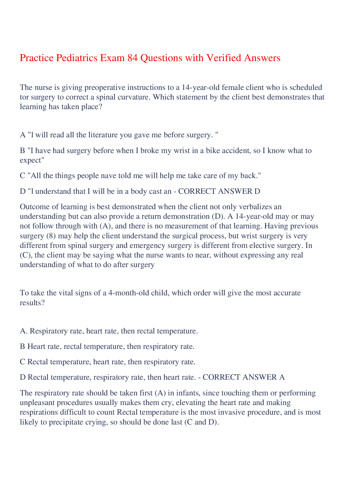 Preview of Practice Pediatrics Exam 84 Questions with Verified Answers,100% CORRECT