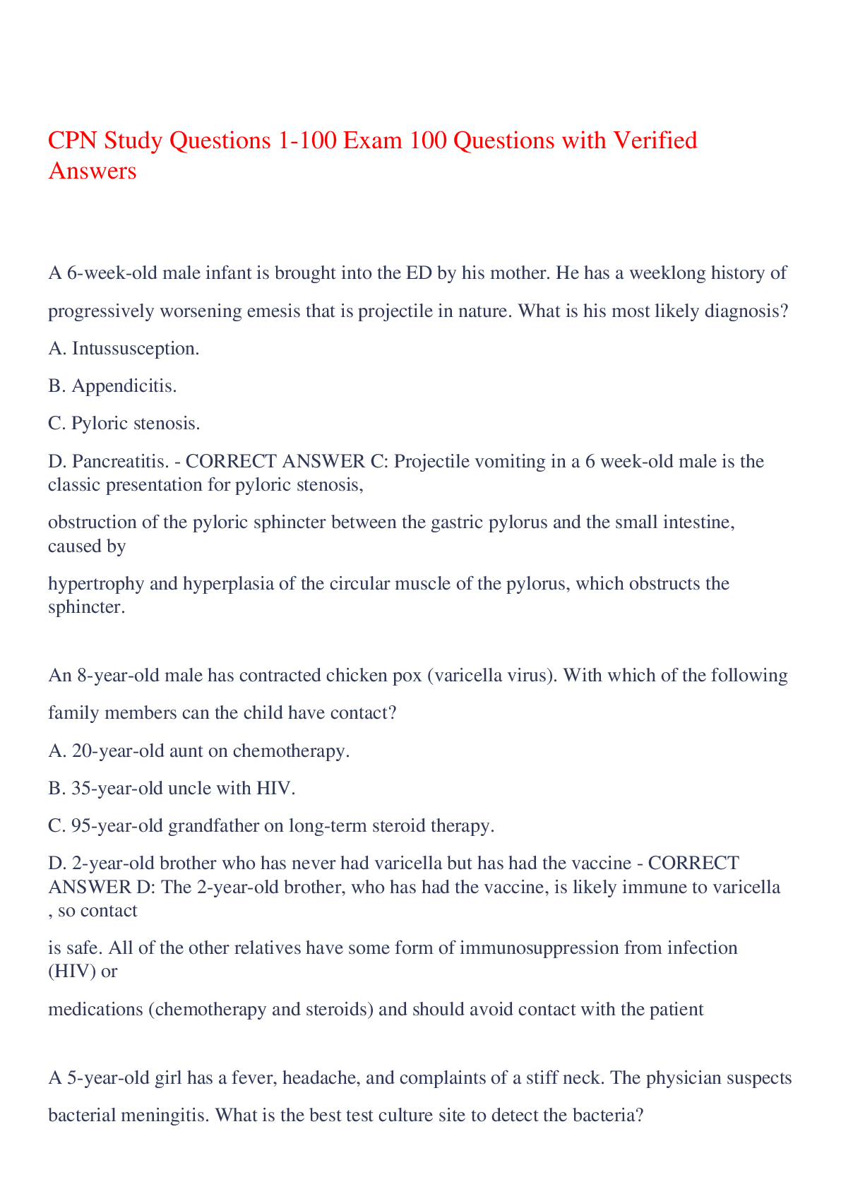 CPN Study Questions 1-100 Exam 100 Questions with Verified Answers,1 ...