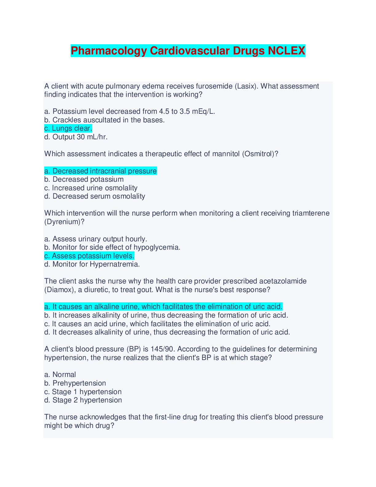 Preview of Pharmacology Cardiovascular Drugs NCLEX - Questions and Answers