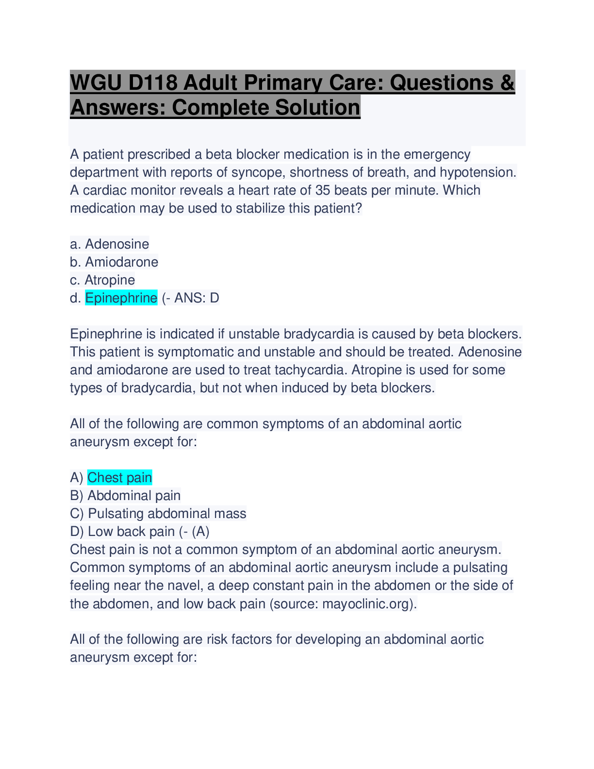 Preview image for WGU D118 Adult Primary Care: Questions & Answers: Complete Solution