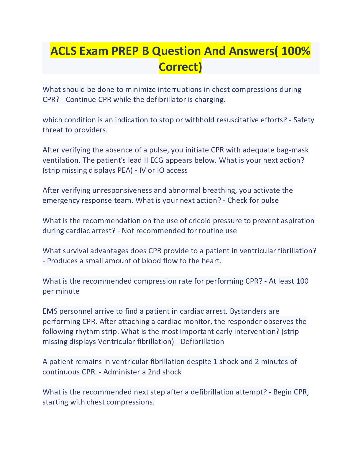 ACLS Exam PREP B Question And Answers( 100% Correct) – Scholarfriends ...