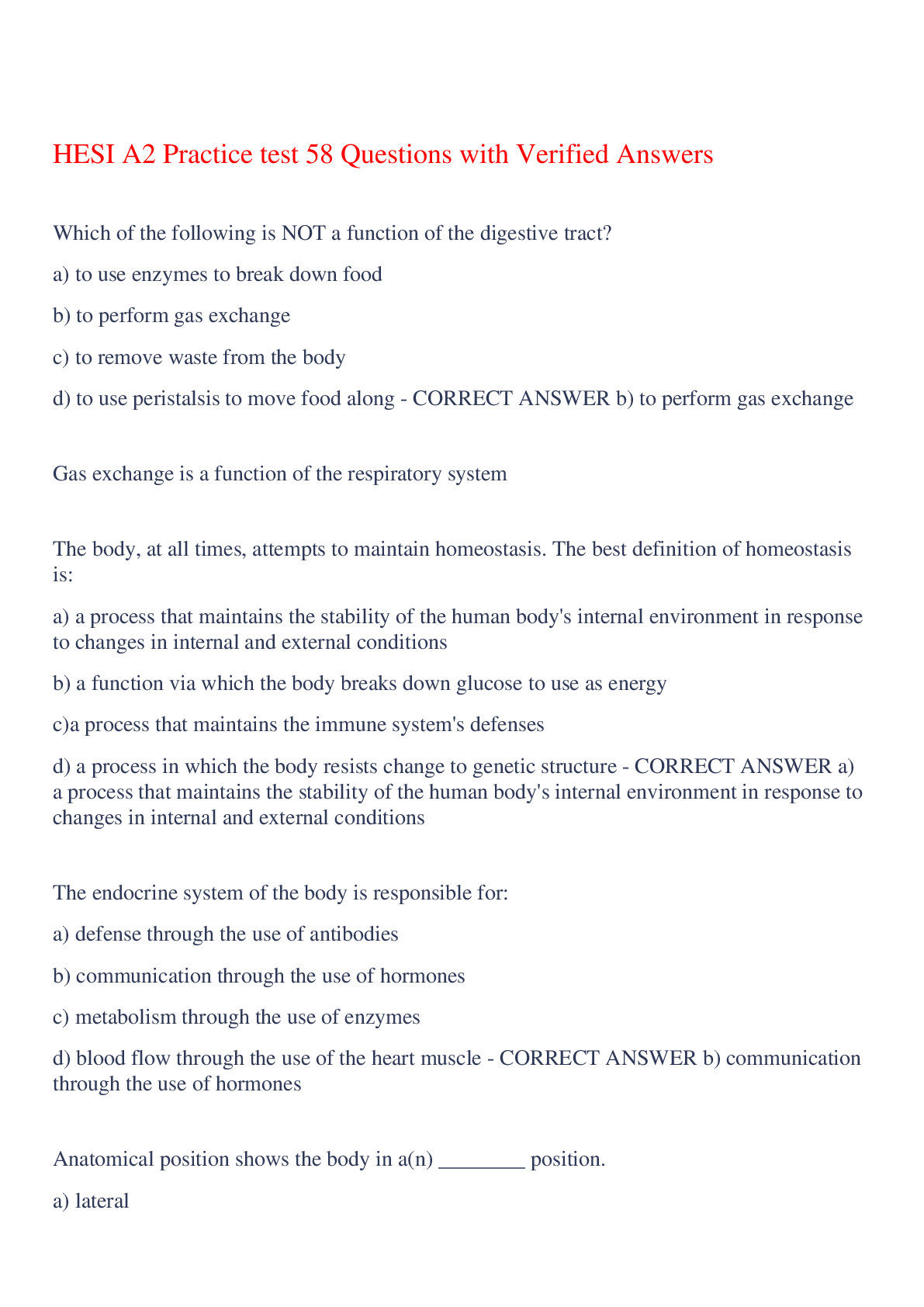 Preview of HESI A2 Practice test 58 Questions with Verified Answers,100% CORRECT