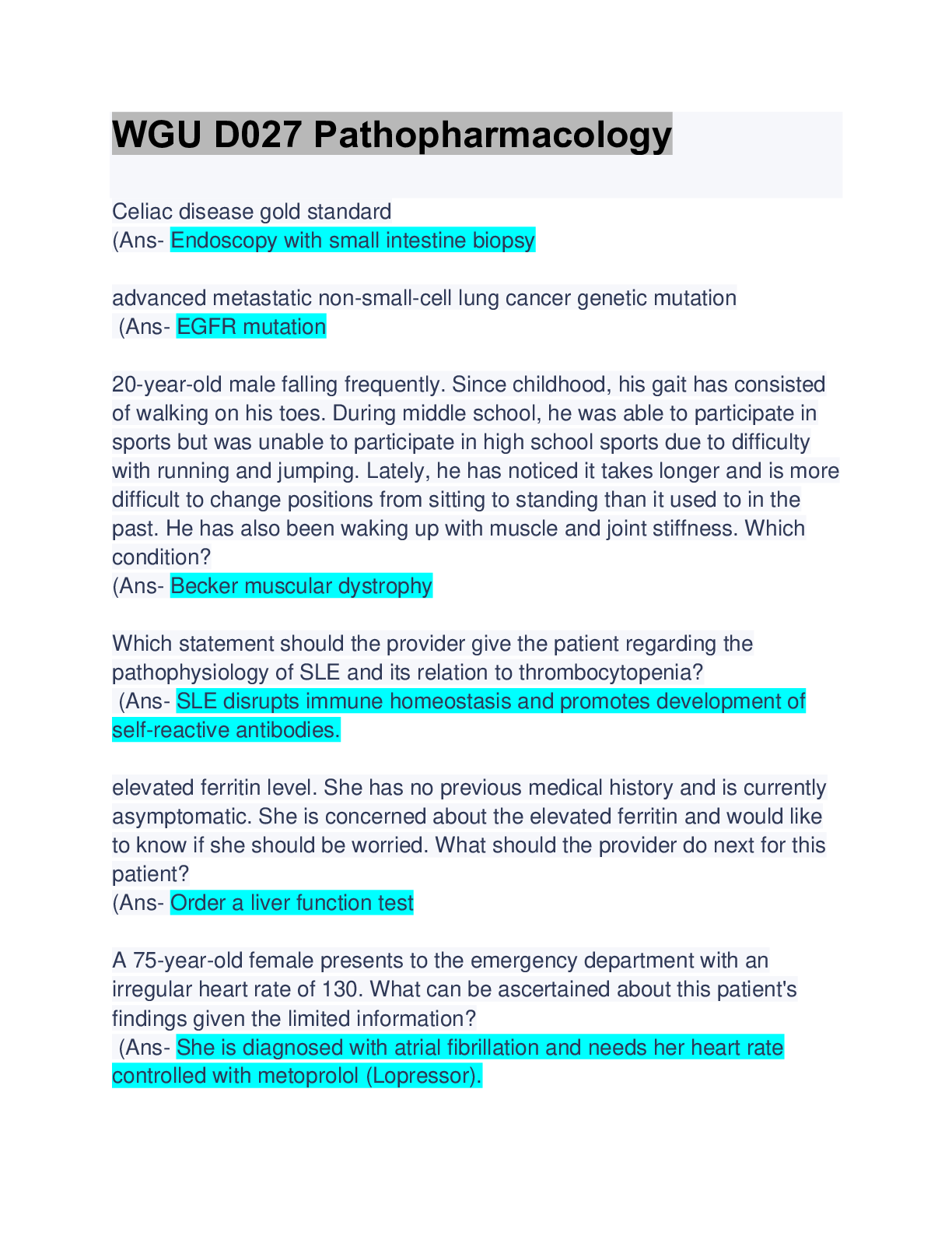 Preview image for WGU D027 Pathopharmacology: Questions & Answers: (Solved)