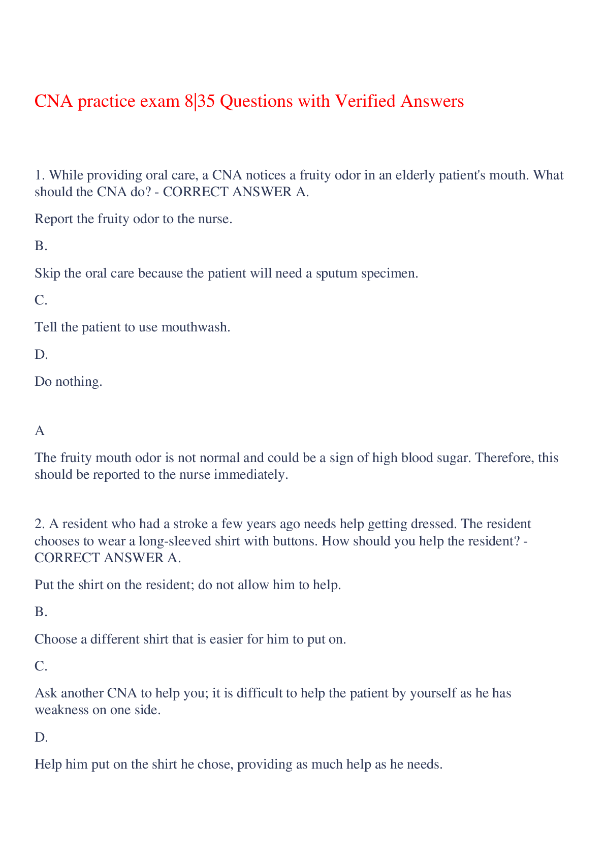 Preview of CNA practice exam 8|35 Questions with Verified Answers,100% CORRECT