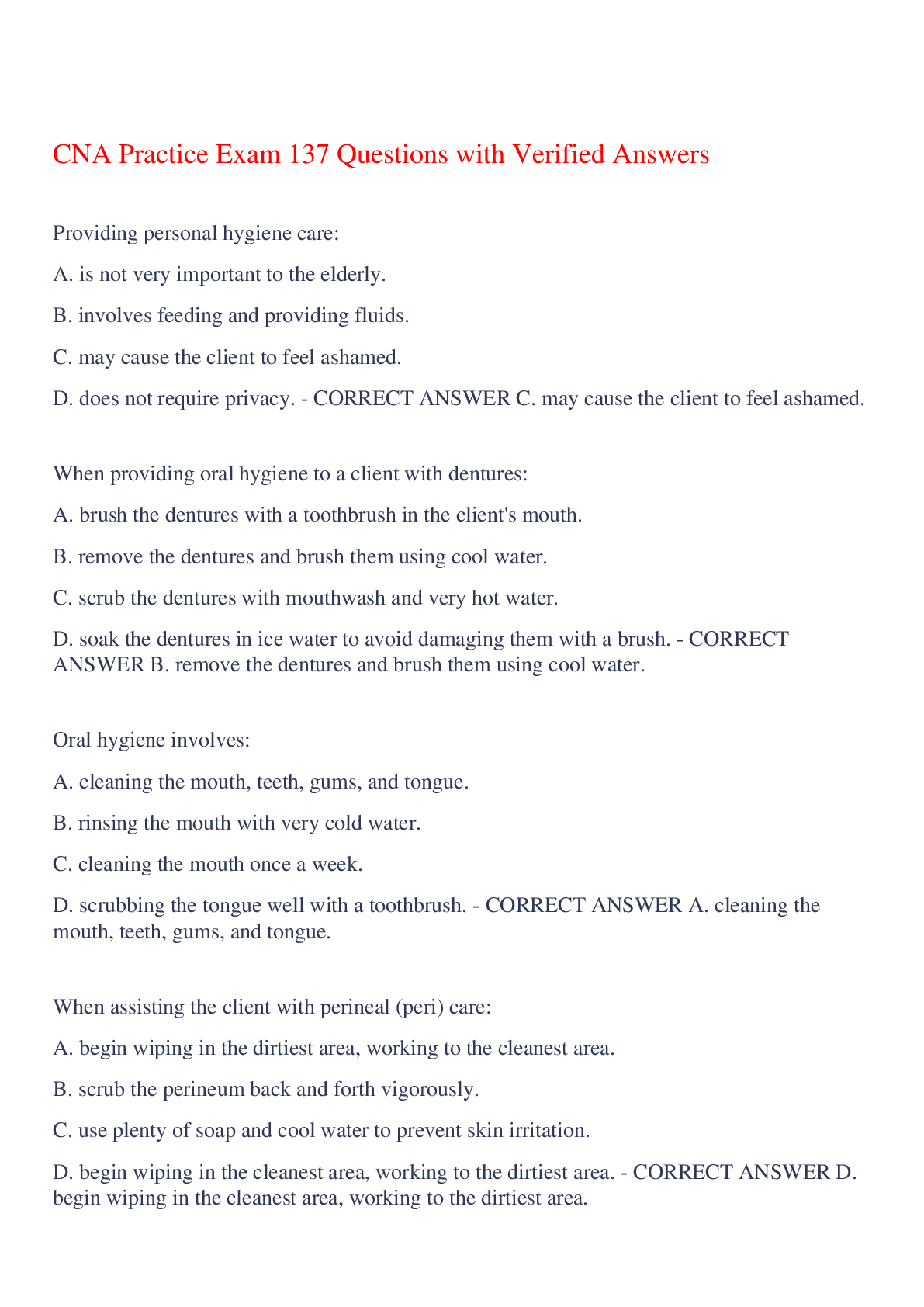 Preview of CNA Practice Exam 137 Questions with Verified Answers,100% CORRECT