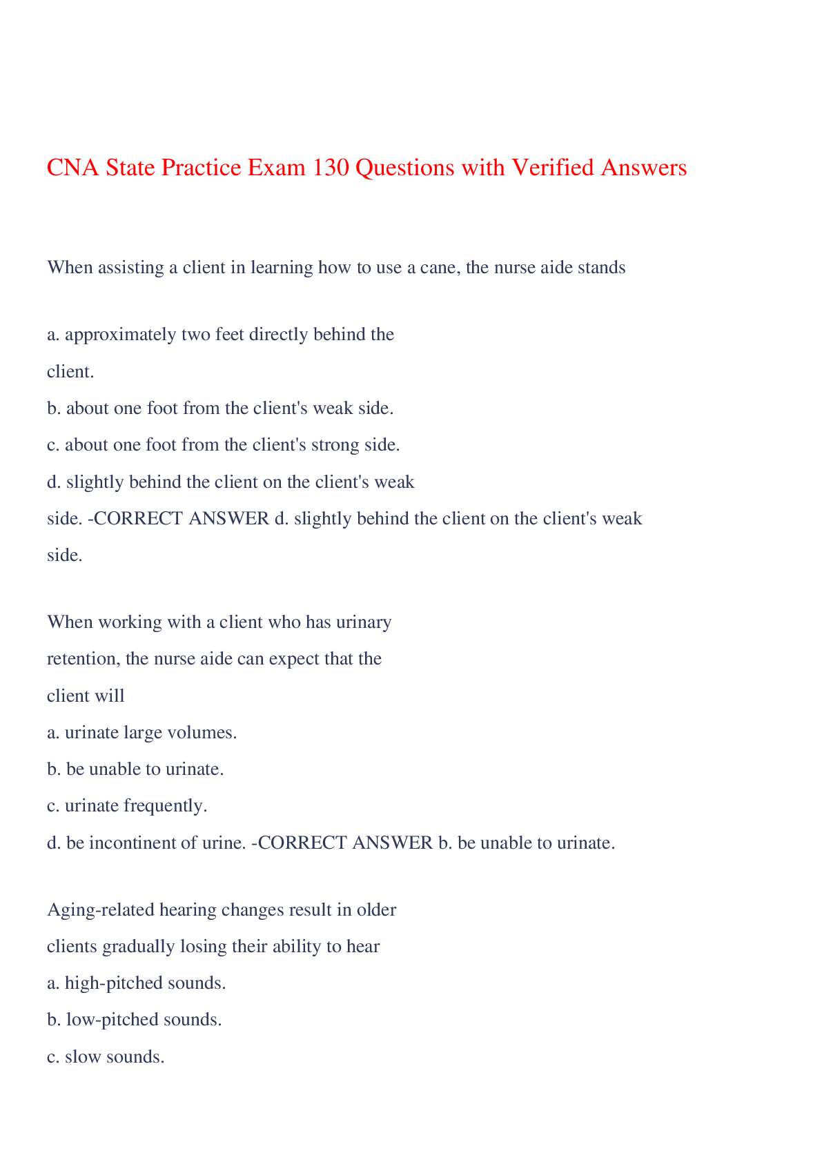 Recommended document preview for CNA State Practice Exam 130 Questions with Verified Answers,100% CORRECT