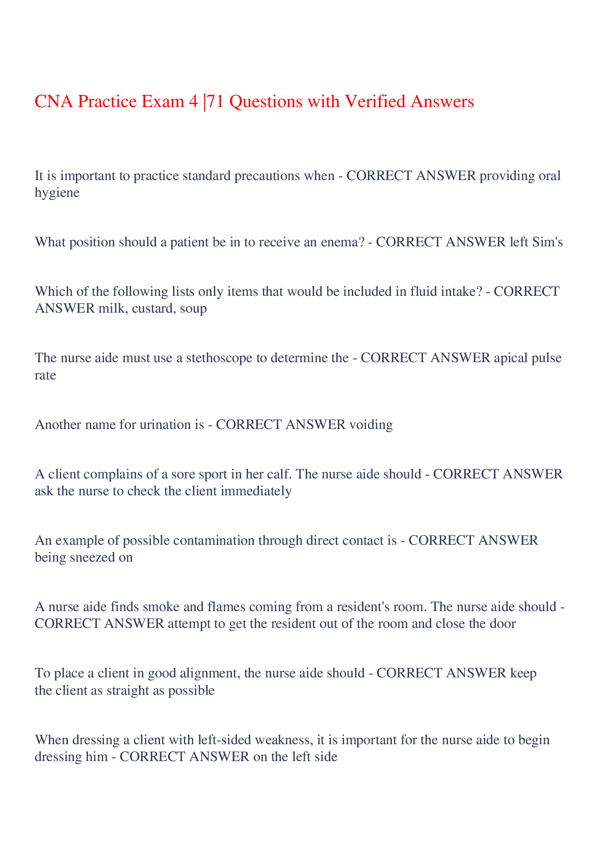 Preview of CNA Practice Exam 4 |71 Questions with Verified Answers,100% CORRECT