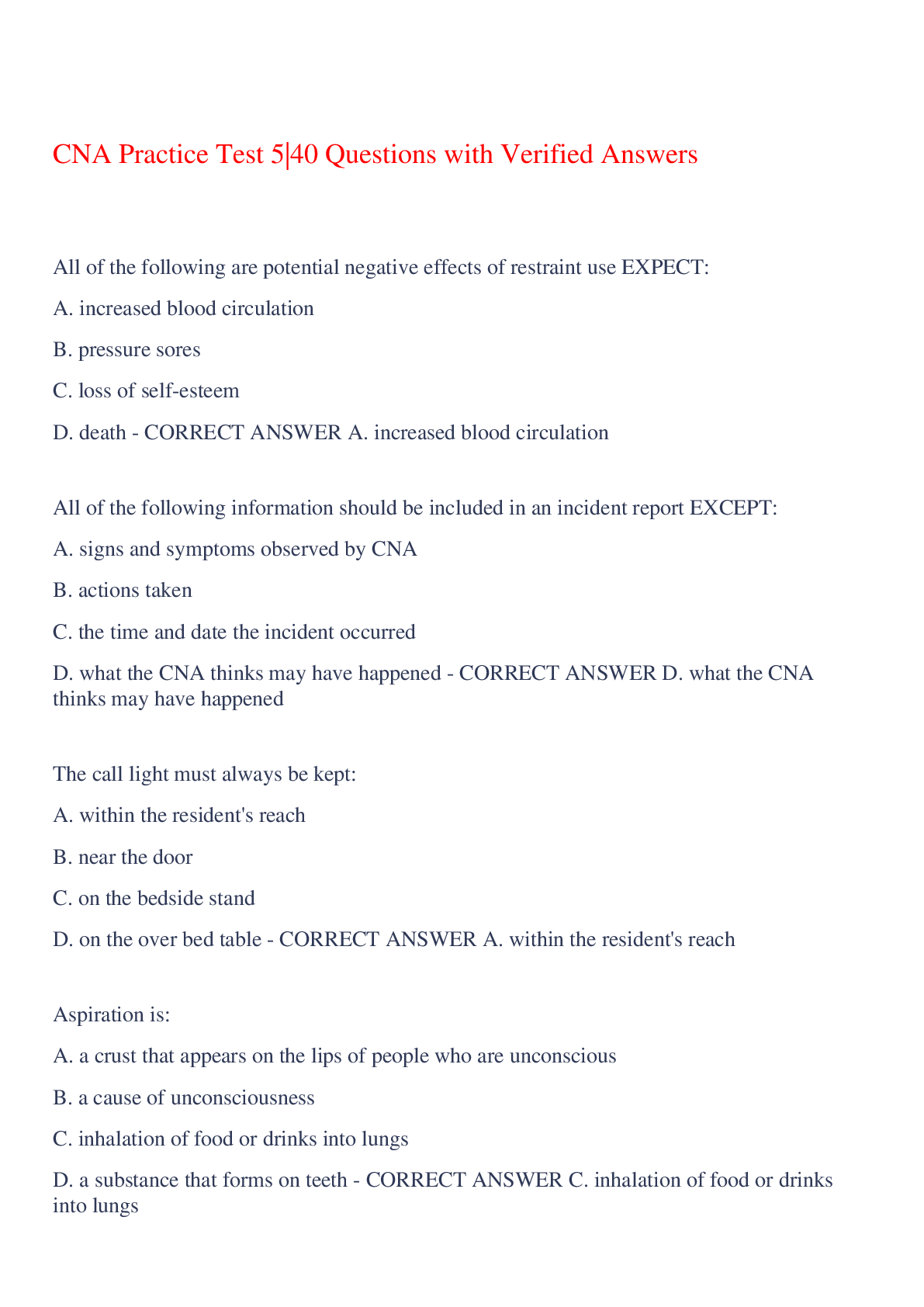 CNA Practice Test 5|40 Questions with Verified Answers,100% CORRECT