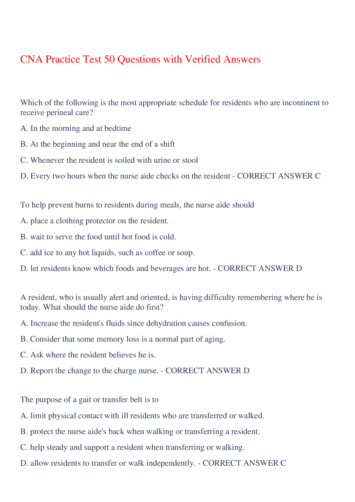 Recommended document preview for CNA Practice Test 50 Questions with Verified Answers,100% CORRECT