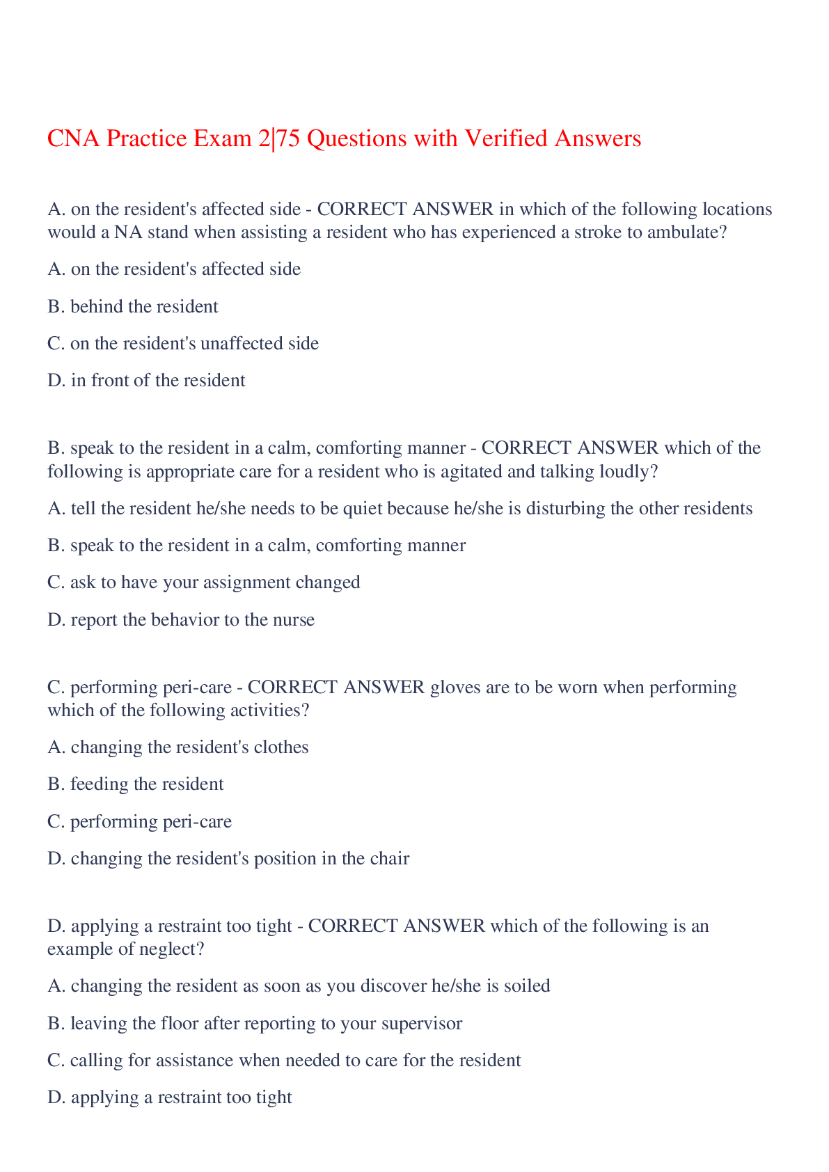 Preview of CNA Practice Exam 2|75 Questions with Verified Answers,100% CORRECT