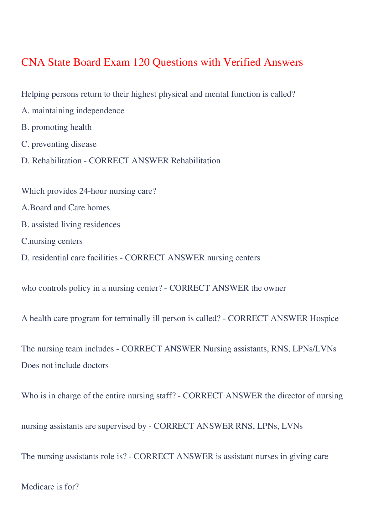 Preview of CNA State Board Exam 120 Questions with Verified Answers,100% CORRECT