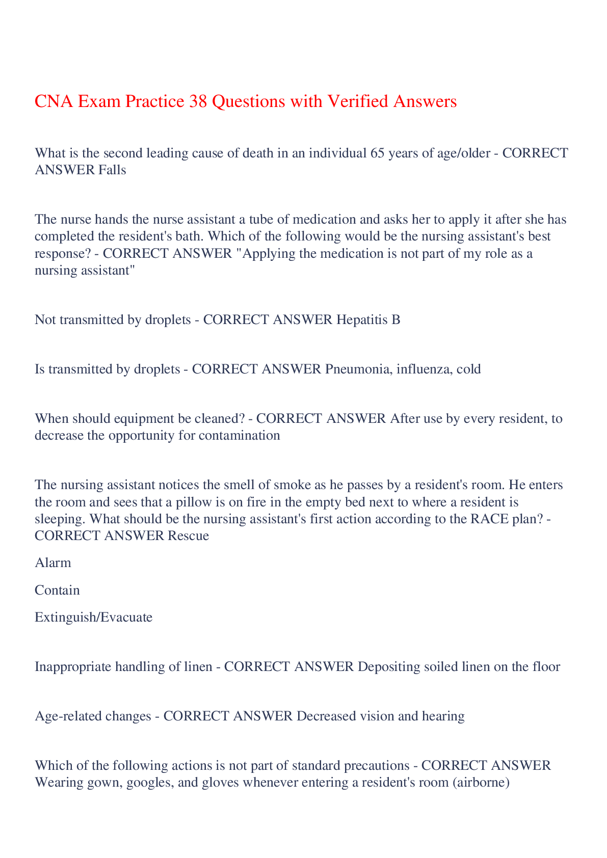 Recommended document preview for CNA Exam Practice 38 Questions with Verified Answers,100% CORRECT