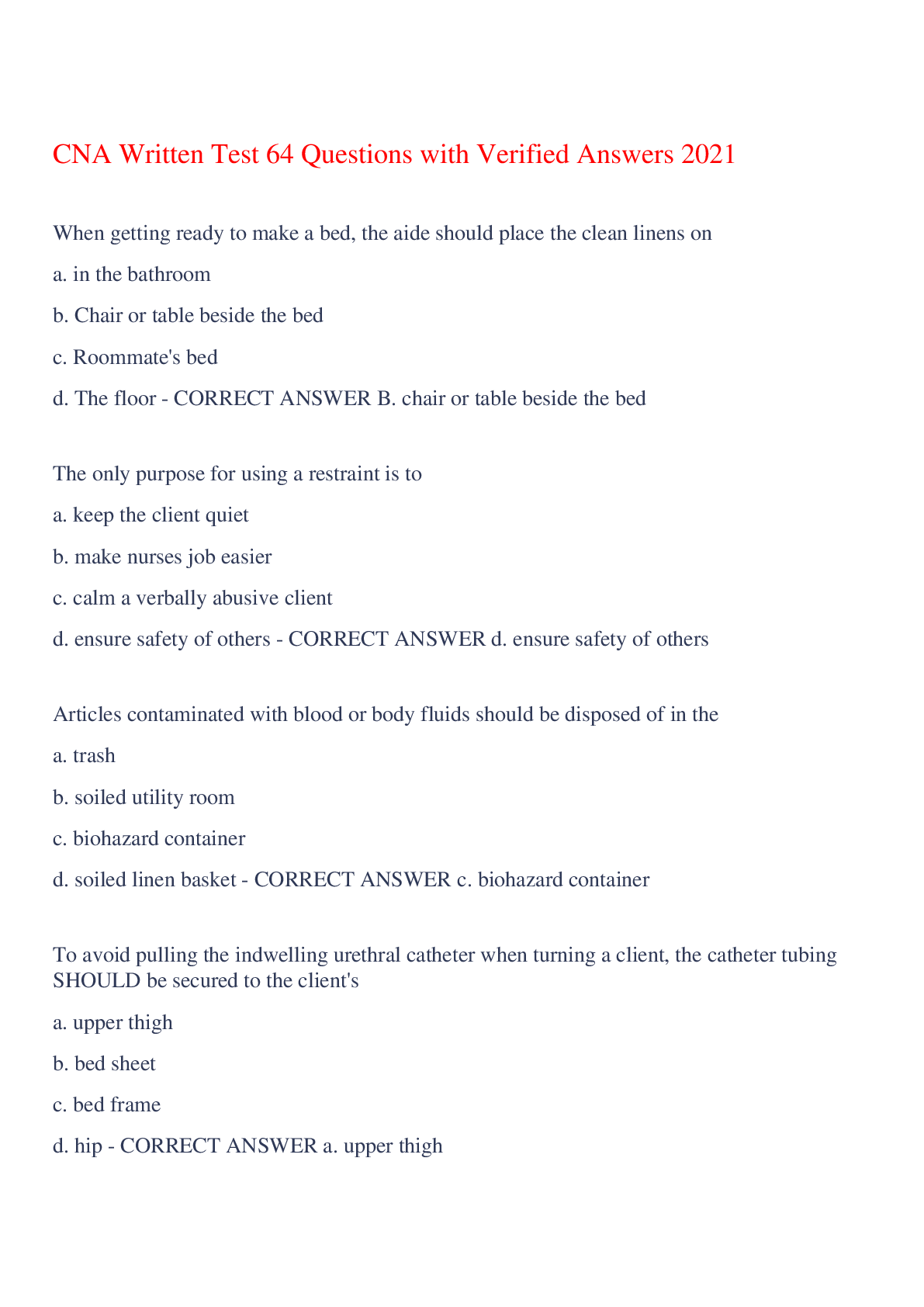 Preview of CNA Written Test 64 Questions with Verified Answers 2021,100% CORRECT