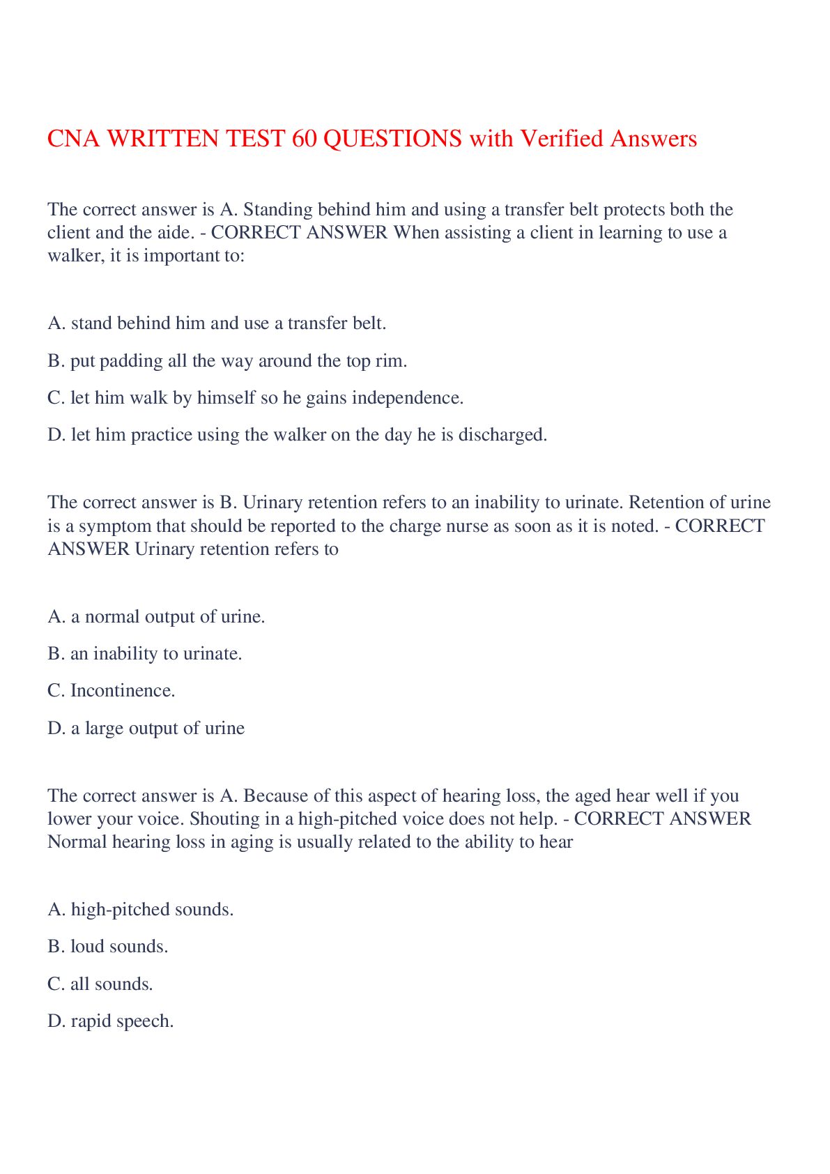 Recommended document preview for CNA WRITTEN TEST 60 QUESTIONS with Verified Answers,100% CORRECT