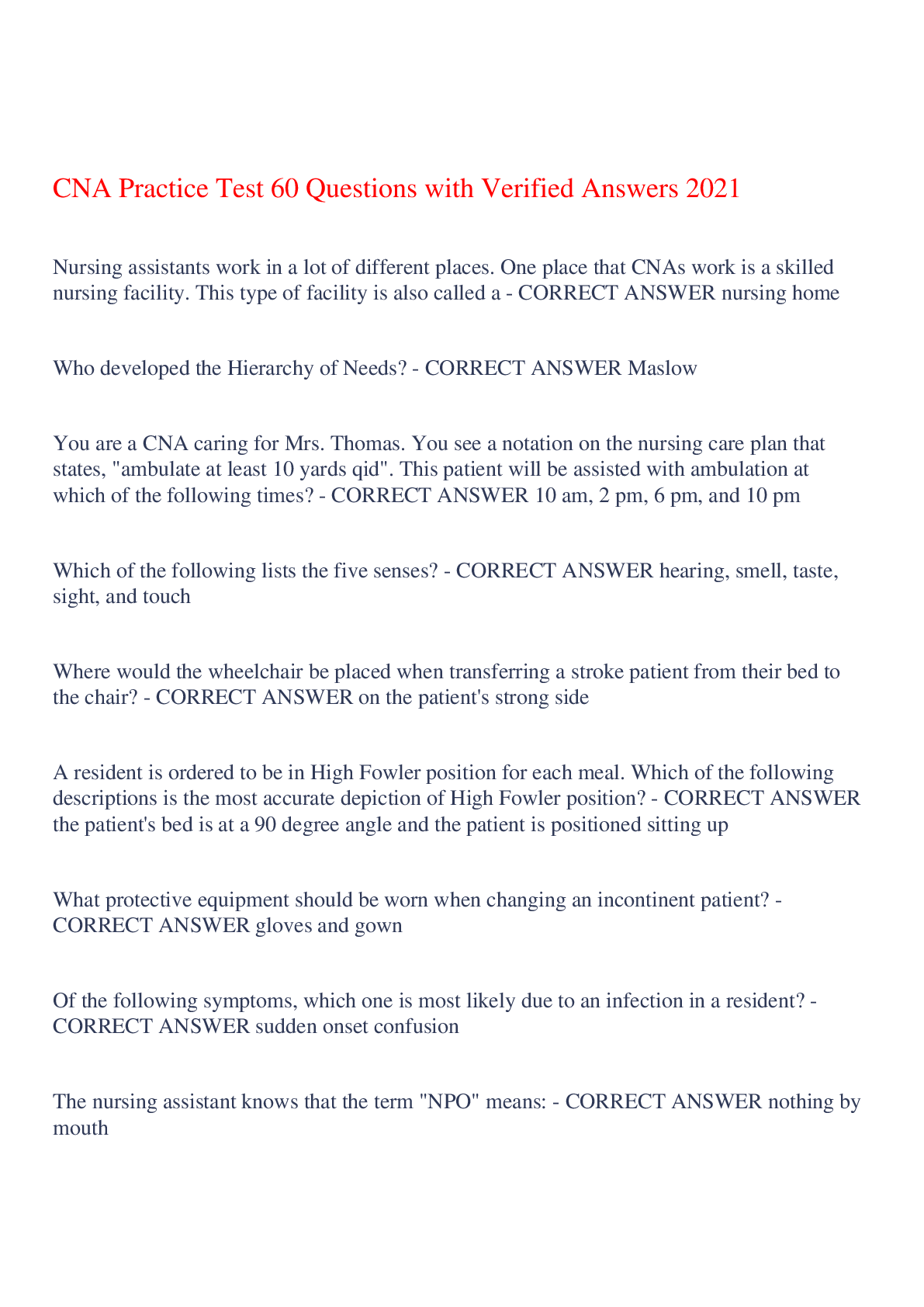 Recommended document preview for CNA Practice Test 60 Questions with Verified Answers 2021,100% CORRECT