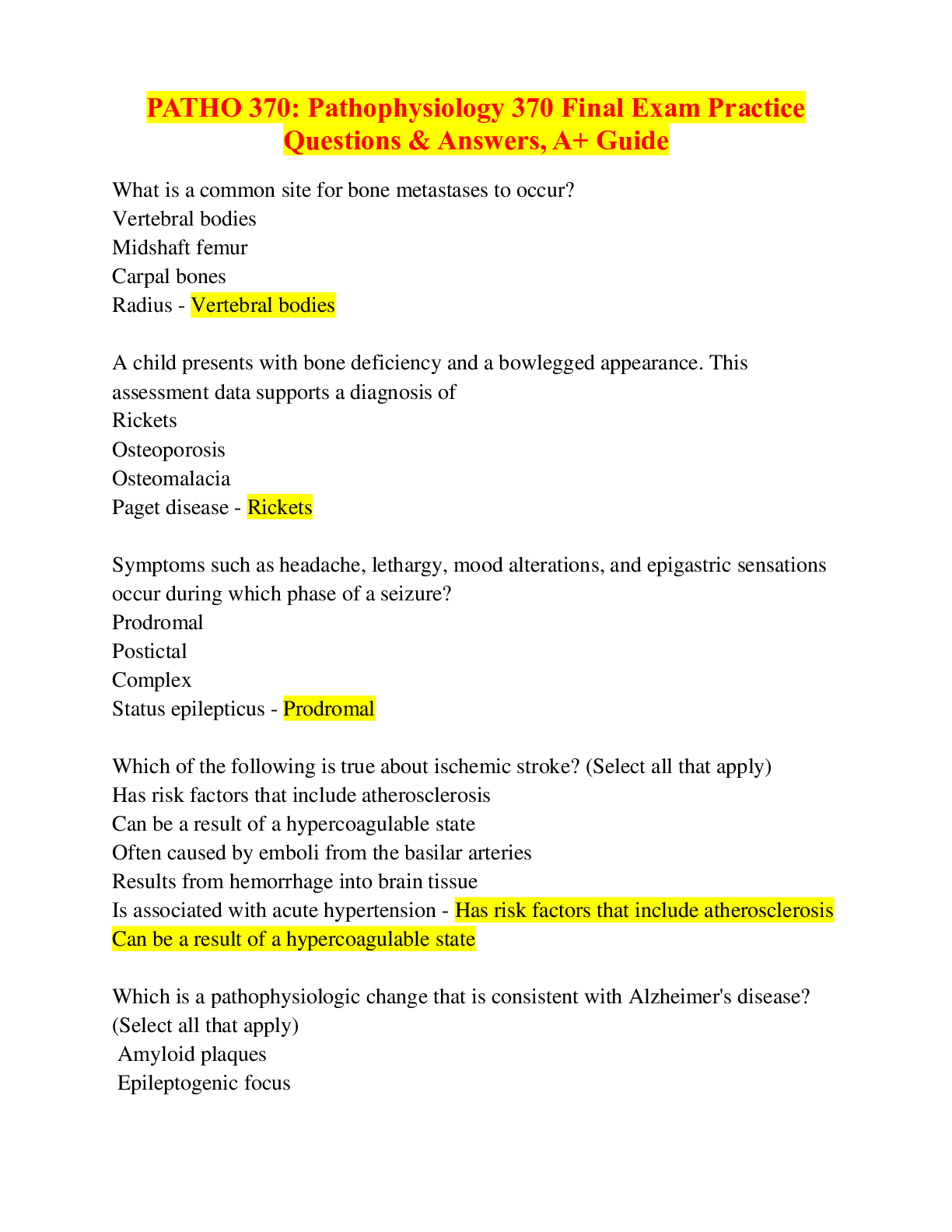 PATHO 370: Pathophysiology 370 Final Exam Practice Questions & Answers, A+ Guide