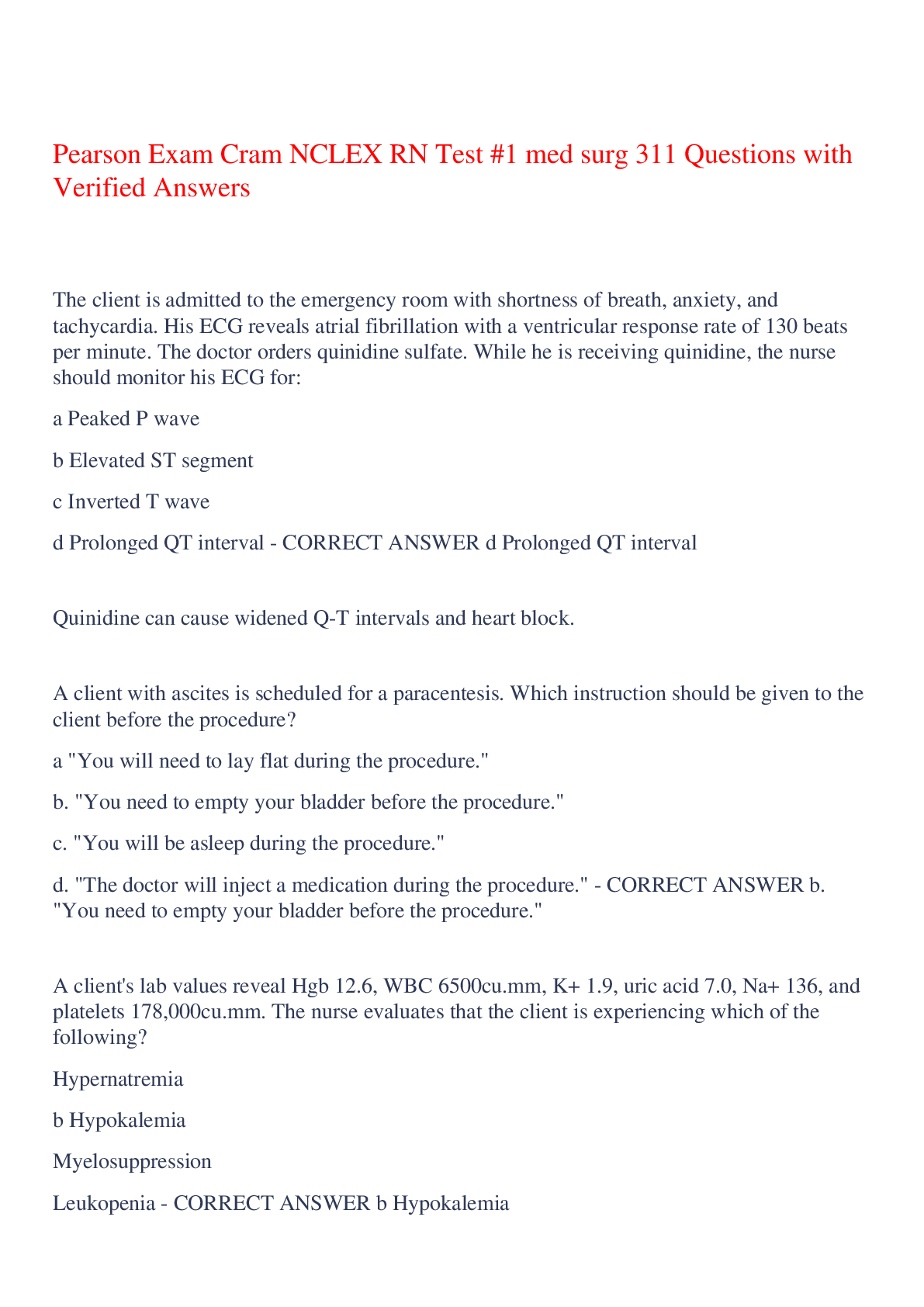 Pearson Exam Cram NCLEX RN Test 1 med surg 311 Questions with Verified