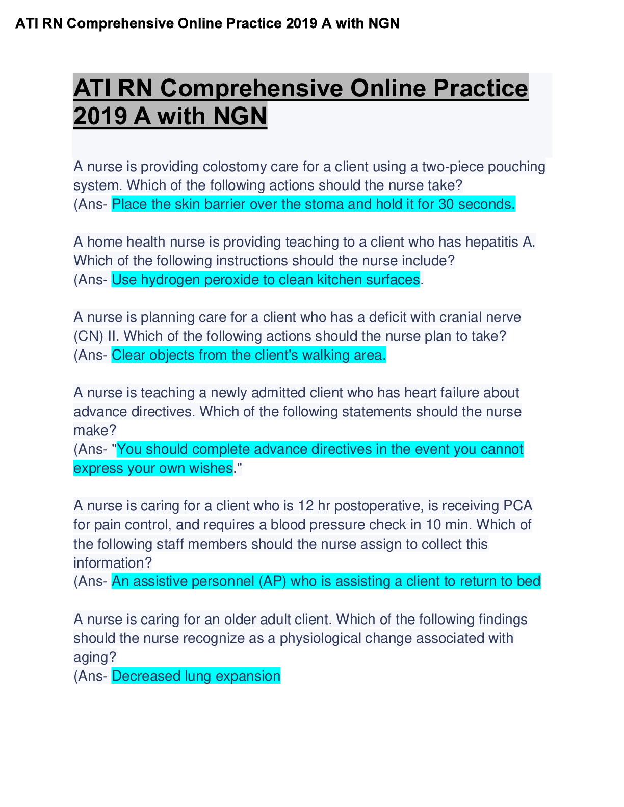 Preview image for ATI RN Comprehensive Online Practice 2019 A with NGN: Questions & Answers